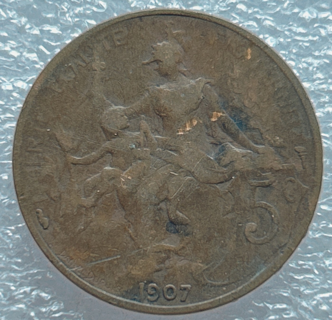 全场一元起拍 世界钱币散币场 第七期 法国1907年5分青铜硬币 法兰西女神