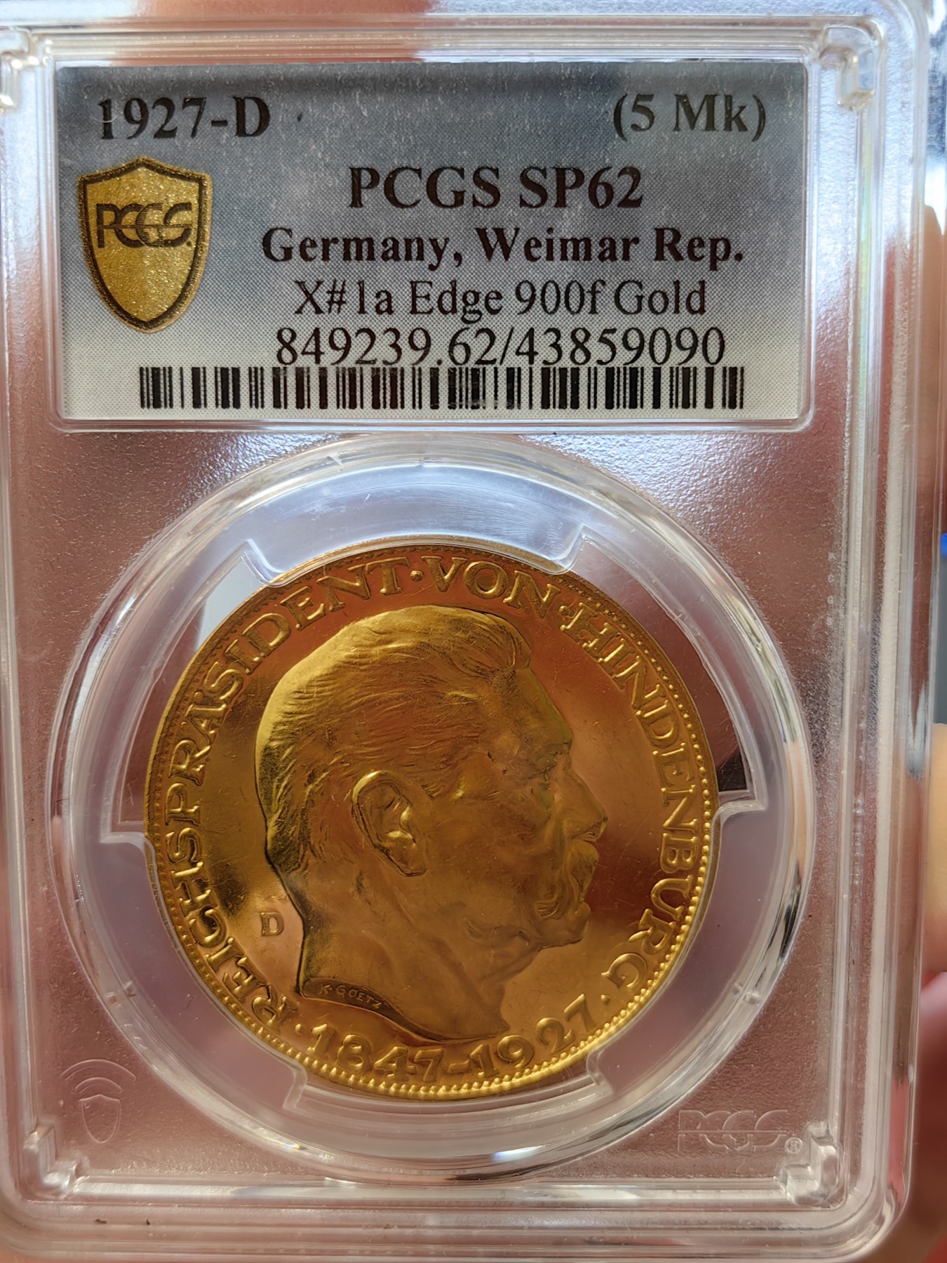 橡树集藏-006场 海纳百川 Pcgs-Sp62 1927年兴登堡大寿5马克型金样 少见卡尔歌茨版大名誉品种 大尺寸黄金制品  实物震撼 镜面绝美