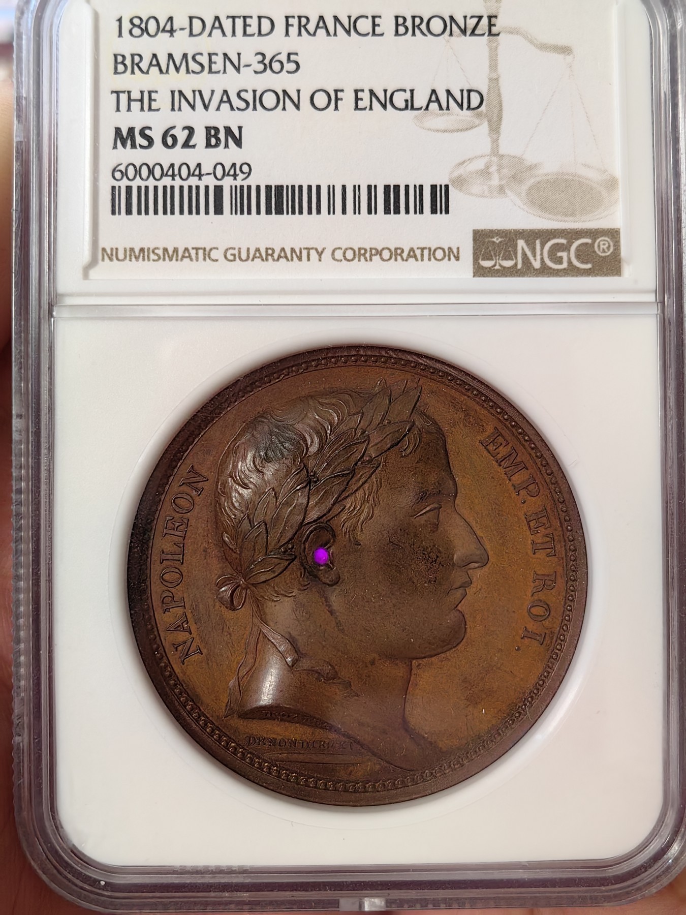 橡树集藏-006场 海纳百川 NGC-ms62 拿破仑1804原铸铜章，入侵英格兰，稀有品种，肖像由DROZ 雕刻（早期人像风格，少见）加厚盒。