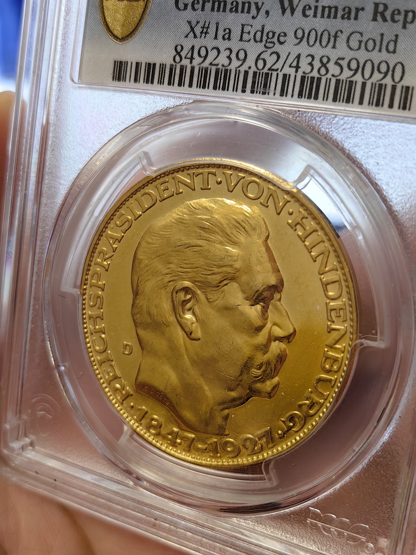 橡树集藏-006场 海纳百川 Pcgs-Sp62 1927年兴登堡大寿5马克型金样 少见卡尔歌茨版大名誉品种 大尺寸黄金制品  实物震撼 镜面绝美