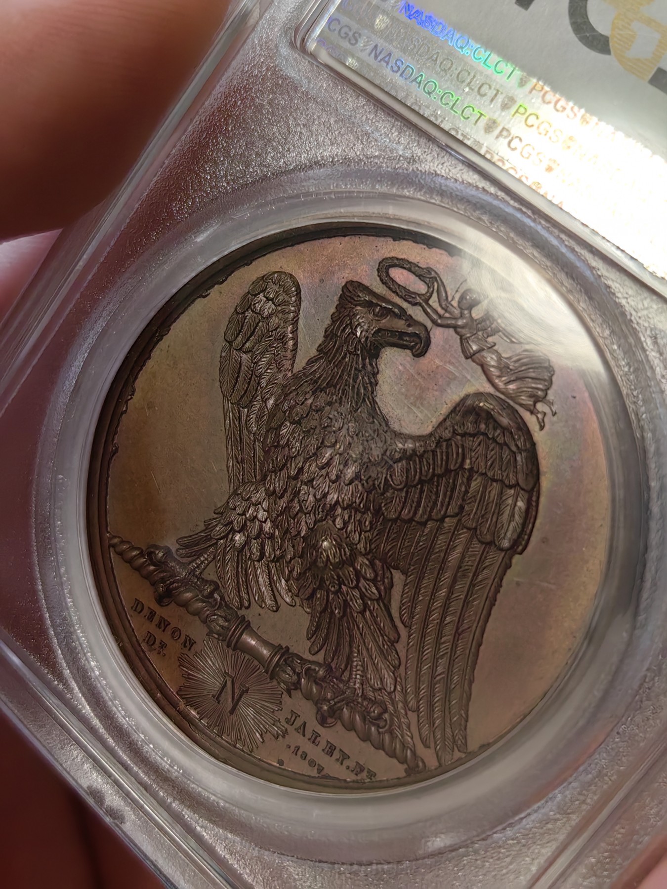 橡树集藏-006场 海纳百川 pcgs-sp66 拿破仑 1807 胜利纪念铜章，原铸，顶级五彩，背面雄鹰被冠以“胜利之冠”，肖像由ANDRLEU雕刻 ，加厚盒。