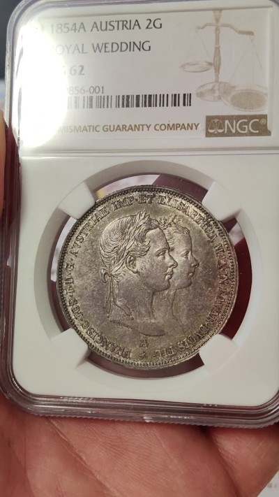 橡树集藏-006场 海纳百川 ngc-Ms62 1854年奥地利2盾大银币 茜茜结婚纪念 经典超热门品种 无需介绍 双面老包浆状态相当可以 基本已沉淀很难碰到 喜欢就拿下不要错过