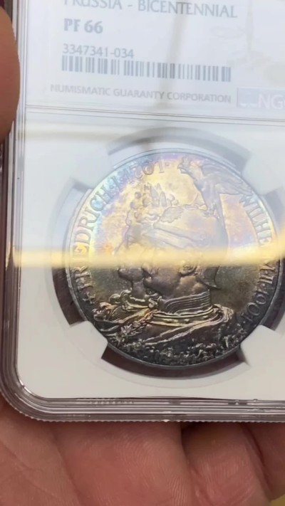 橡树集藏-006场 海纳百川 ngc-pf66 1901年普鲁士精制建国5马克，冠军分。铸造量稀少，顶级品。梦幻五彩，双面彩虹。实物美得一塌糊涂。状态为王，此枚无敌。