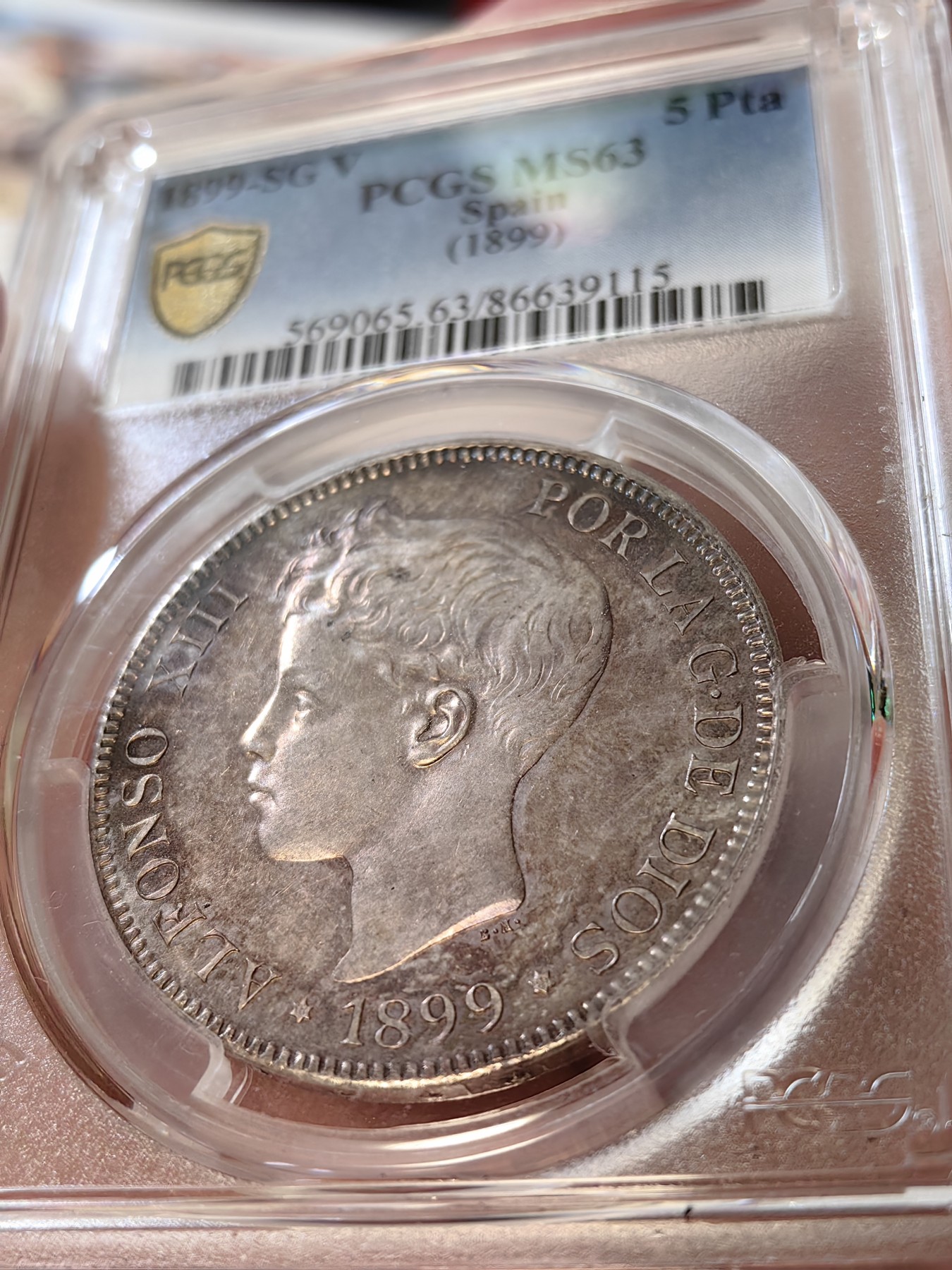 橡树集藏-006场 海纳百川 PCGS-MS63 1899年 西班牙5比塞塔大银币 经典男童设计 海格力斯双柱 通体原味虹彩包浆 车轮光 打制优异底板佳 实物非常漂亮 