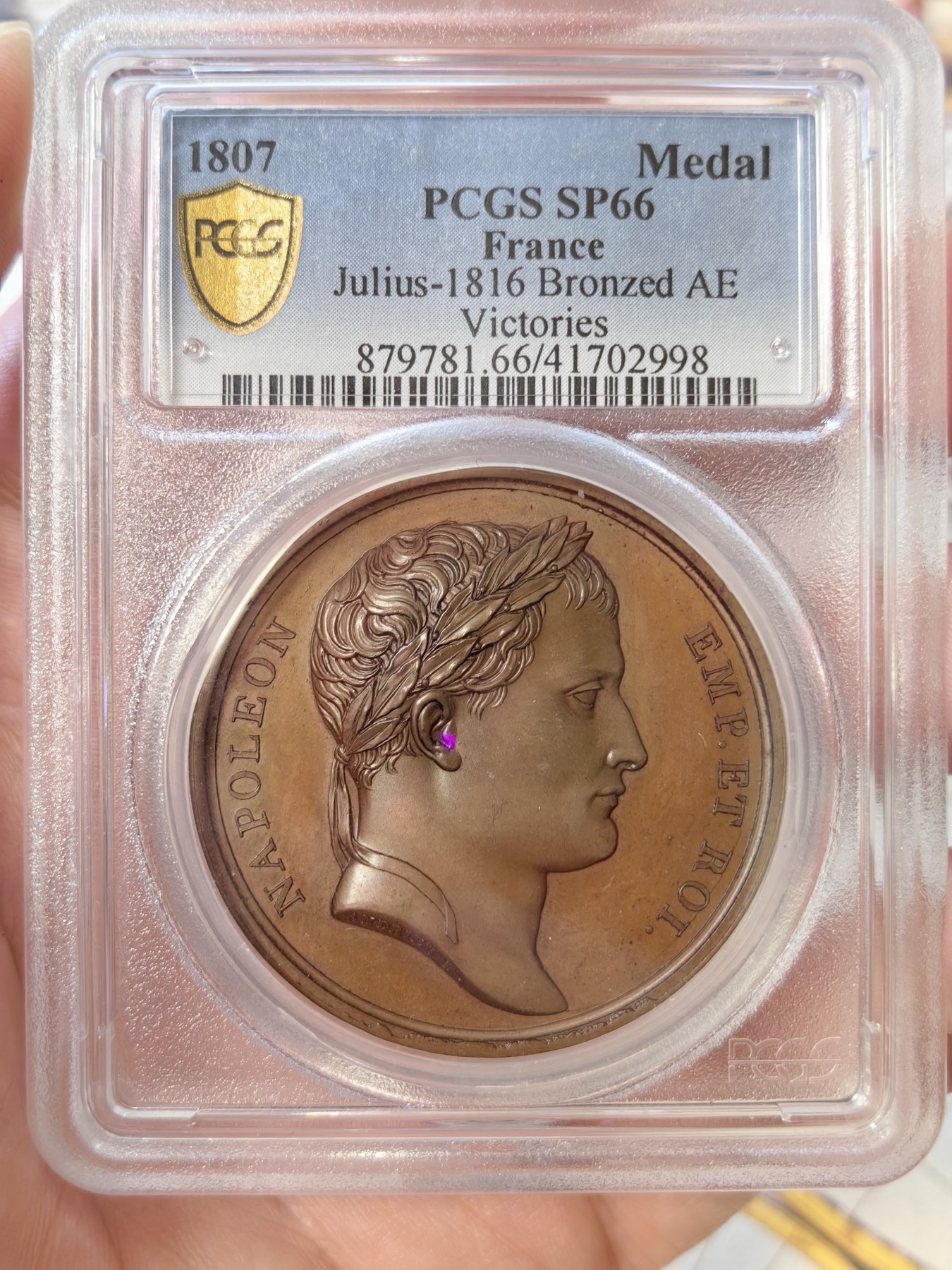 橡树集藏-006场 海纳百川 pcgs-sp66 拿破仑 1807 胜利纪念铜章，原铸，顶级五彩，背面雄鹰被冠以“胜利之冠”，肖像由ANDRLEU雕刻 ，加厚盒。