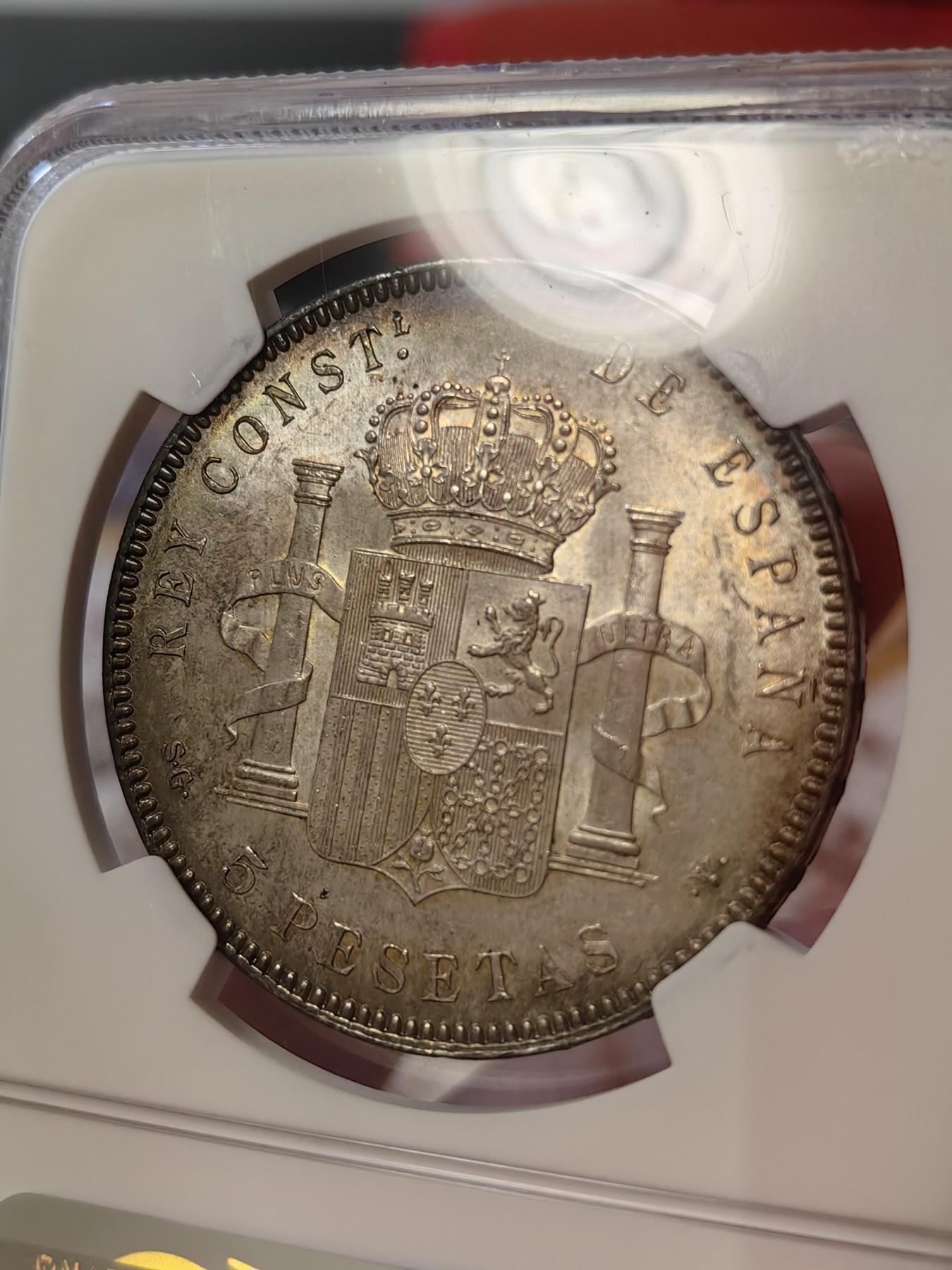 橡树集藏-006场 海纳百川 ngc-MS64 1899年 西班牙5比塞塔大银币 经典男童设计 海格力斯双柱 正面原味窖藏金彩  背面杏仁丝滑彩浆 顶级车轮光 打制优异底板佳 实物绝美