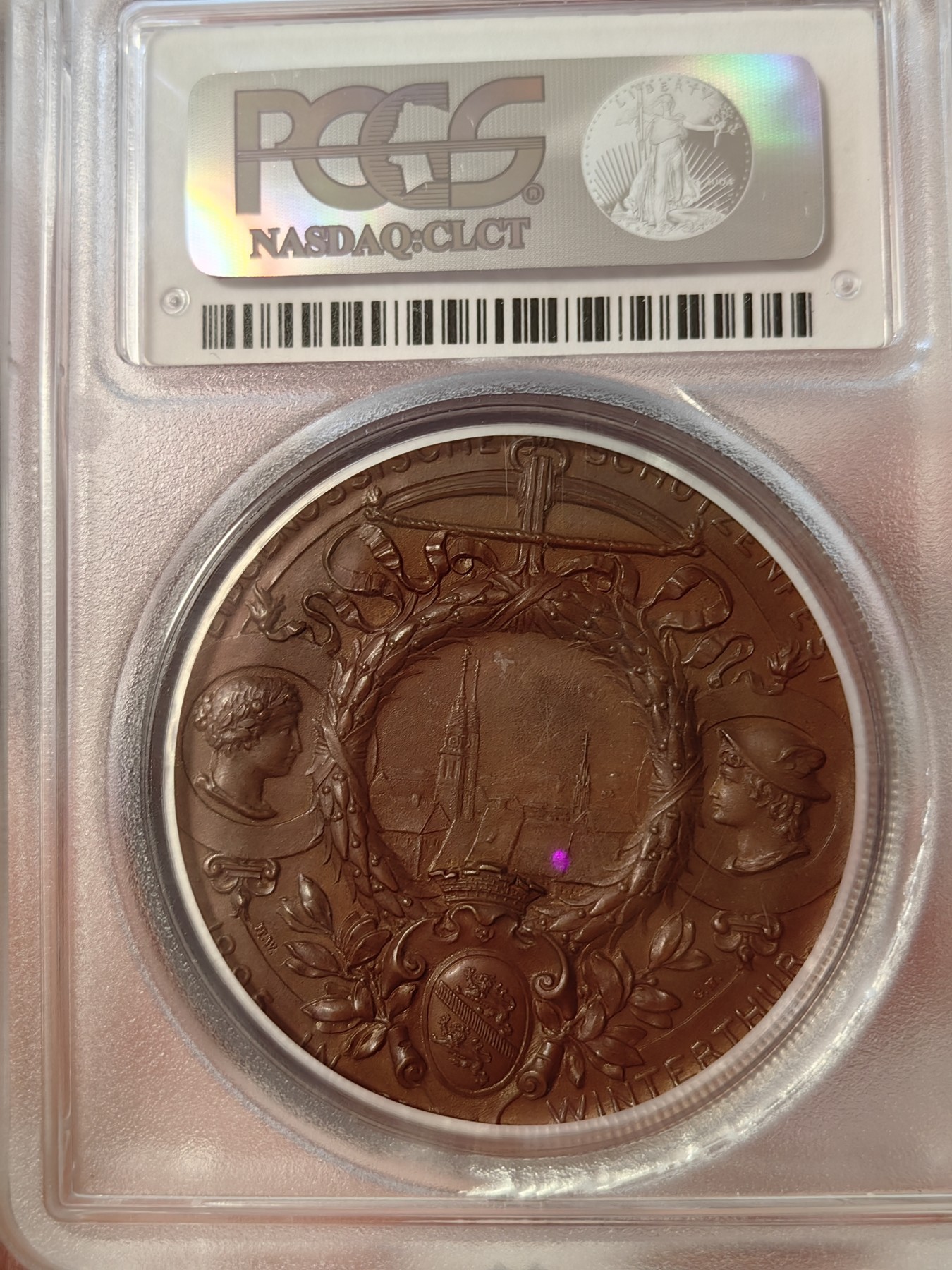橡树集藏-006场 海纳百川 pcgs-sp65 1895年瑞士温特图尔射击节铜章 高浮雕加厚盒 绝美巧克力 裸体女神 城市景观 热门题材 盒子有伤