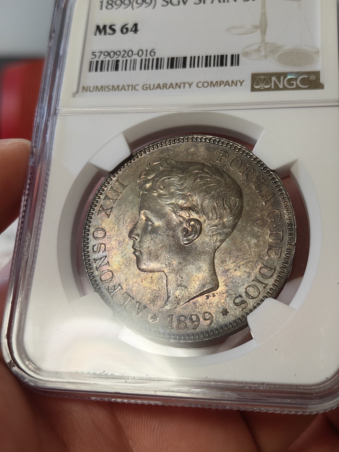 橡树集藏-006场 海纳百川 ngc-MS64 1899年 西班牙5比塞塔大银币 经典男童设计 海格力斯双柱 正面原味窖藏金彩  背面杏仁丝滑彩浆 顶级车轮光 打制优异底板佳 实物绝美