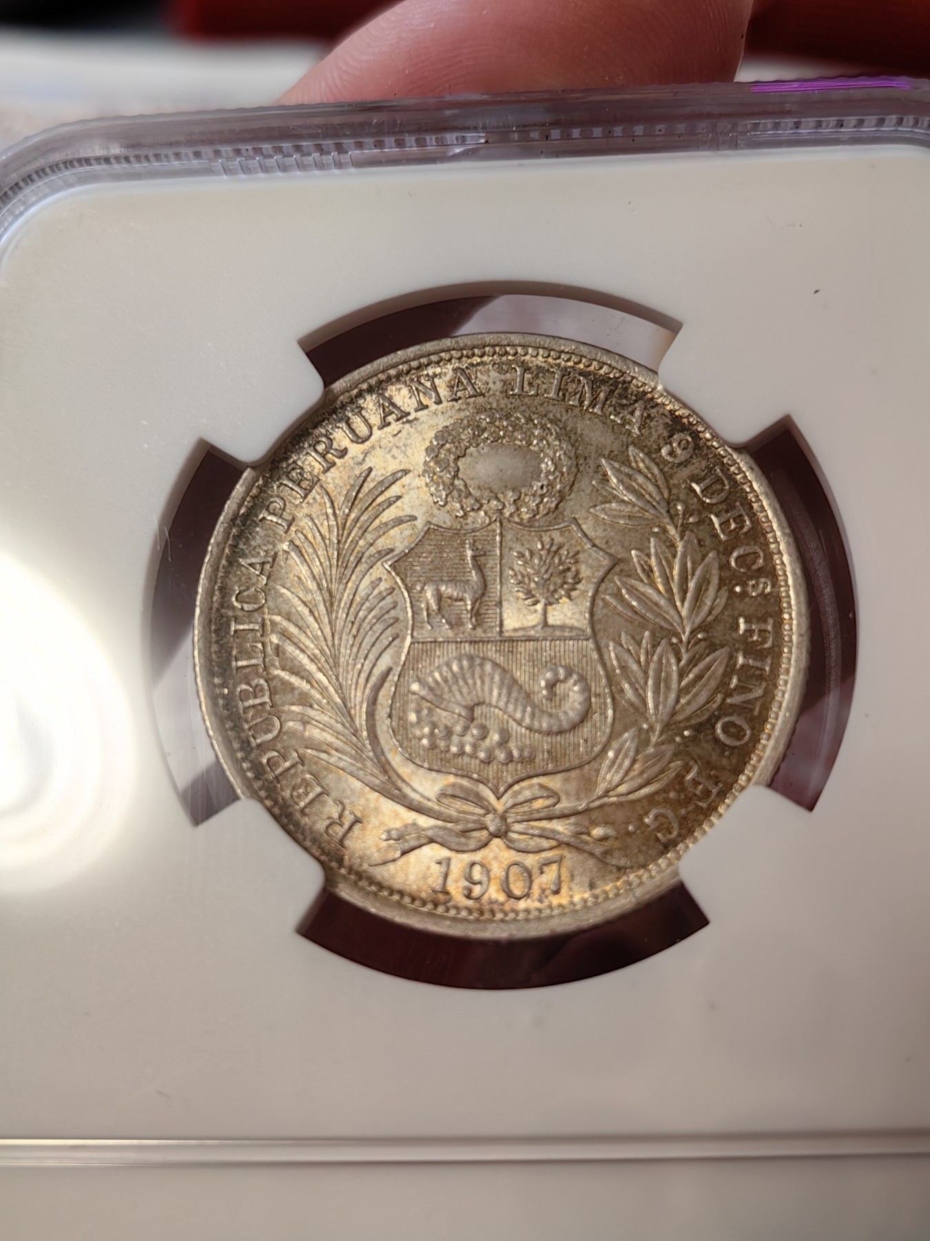 橡树集藏-006场 海纳百川 ngc-Ms65 1907年秘鲁半索尔银币 车轮霜光双面彩浆 实物观感极佳 FG-JR版首年发行 sbp落槌价240刀 南美大热门 盒子左下角磕伤