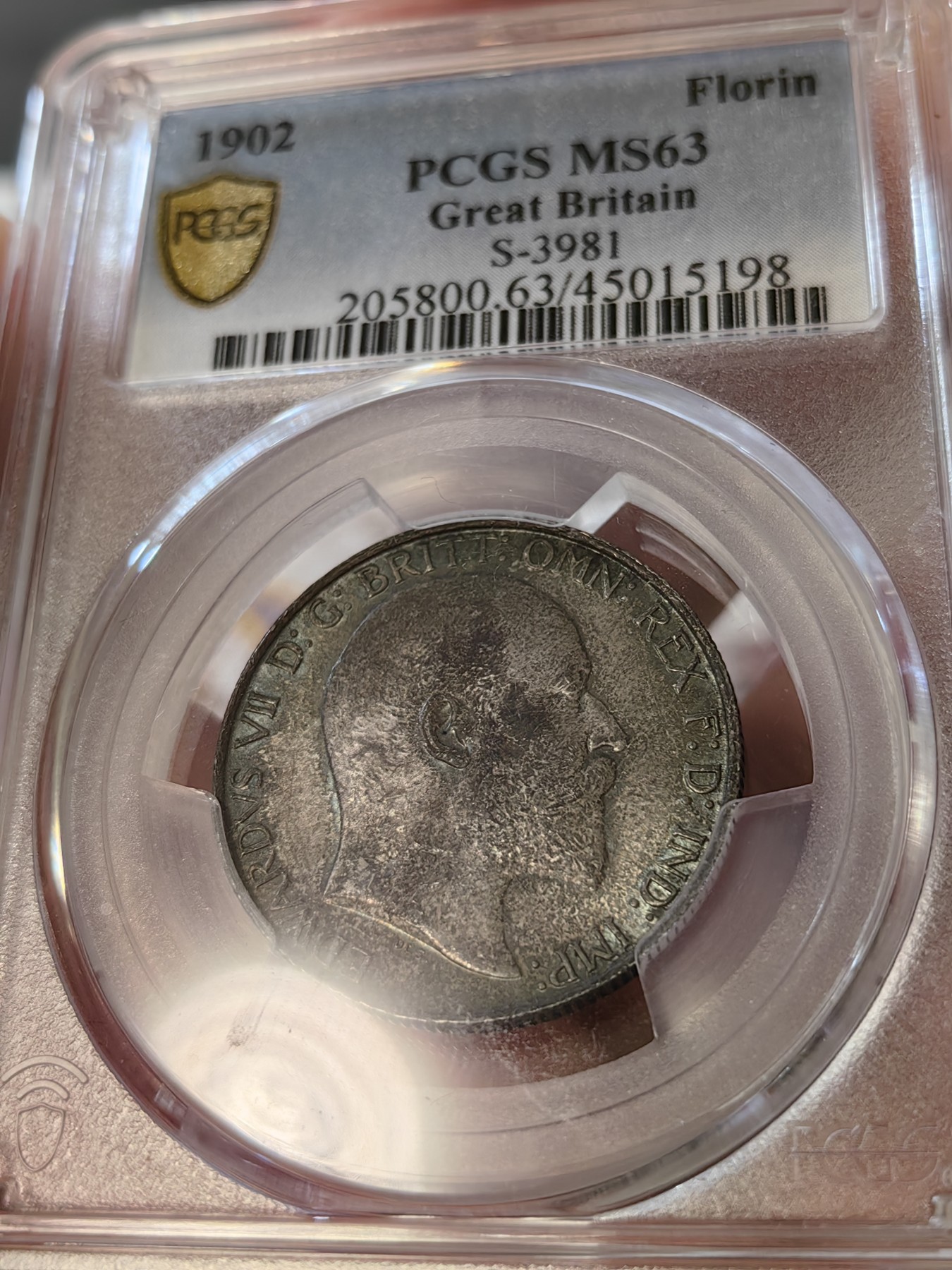 橡树集藏-006场 海纳百川 PCGS-MS63 英国1902年爱德华七世 海神Florin 银币，出众的设计不列塔尼女神在海岸边迎风傲立，守护日不落帝国疆域。这枚钱币包浆醇厚，打制尚佳，值得入手。