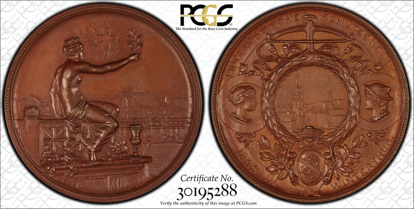 橡树集藏-006场 海纳百川 pcgs-sp65 1895年瑞士温特图尔射击节铜章 高浮雕加厚盒 绝美巧克力 裸体女神 城市景观 热门题材 盒子有伤