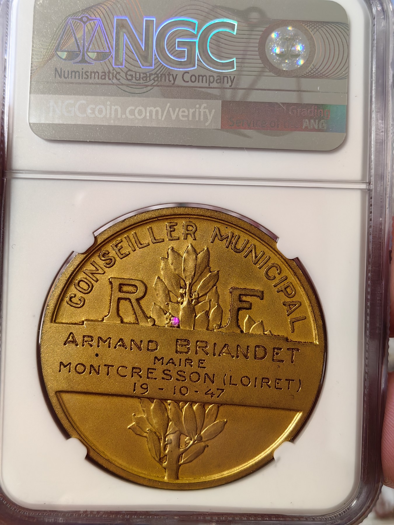 橡树集藏-006场 海纳百川 ngc-Ms65 1947年法国梦珂雷森市议会议员银章 摩龙经典设计 自由帽玛丽安娜 加厚大尺寸 镀金层底板高点皆完美 实物绝美 绝对低评 冠军分自藏好品