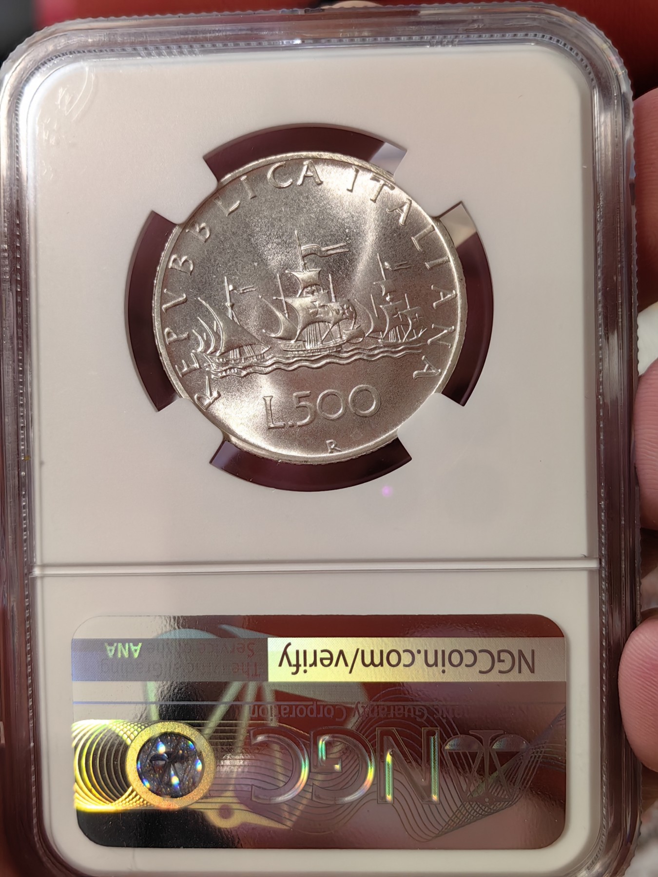 橡树集藏-006场 海纳百川 NGC-MS66  1981年意大利500里拉银币 帆船人妻 经典设计 强车轮原银霜光