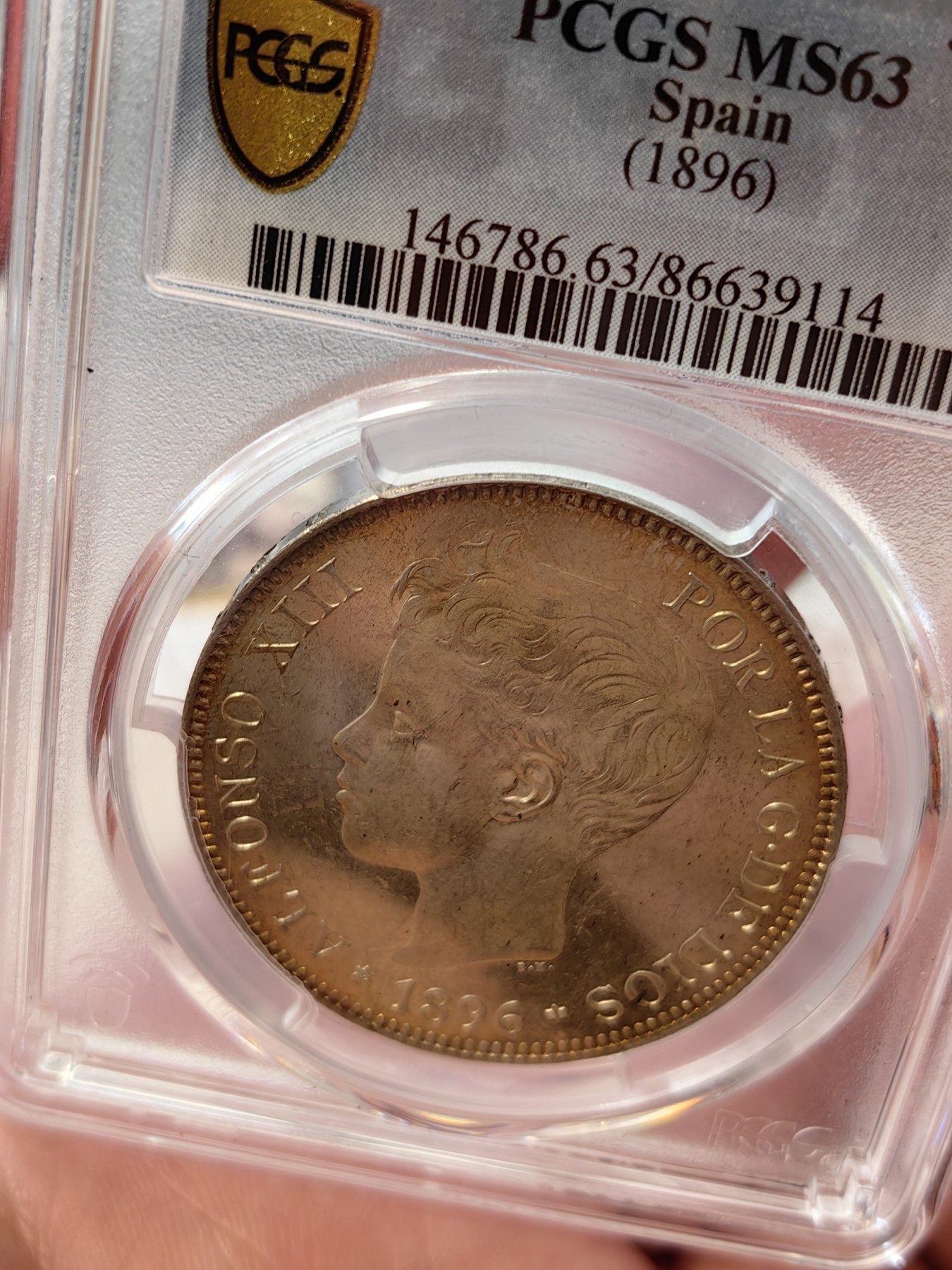 橡树集藏-006场 海纳百川 pcgs-ms63 1896年西班牙5比塞塔大银币 经典男童设计 冠军分大特年 评级量仅8枚 ms可遇不可求 双面黄油淡彩 实物pl感强烈 观感极佳