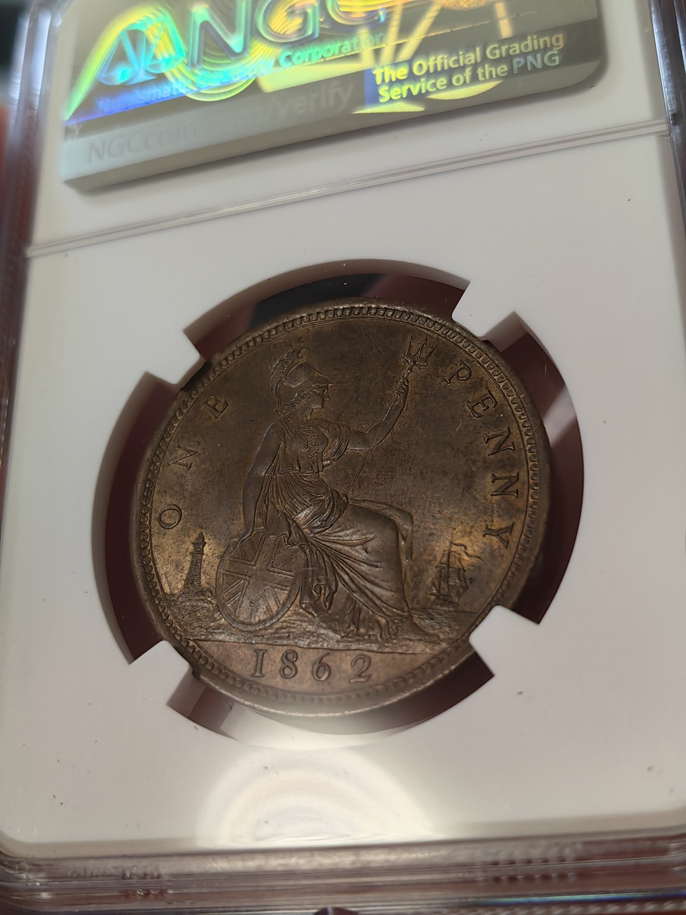 橡树集藏-006场 海纳百川 ngc-Ms64bn 1862年英国维多利亚1便士铜币 底板打制优异 铜色四溢 状态绝佳 感觉低评