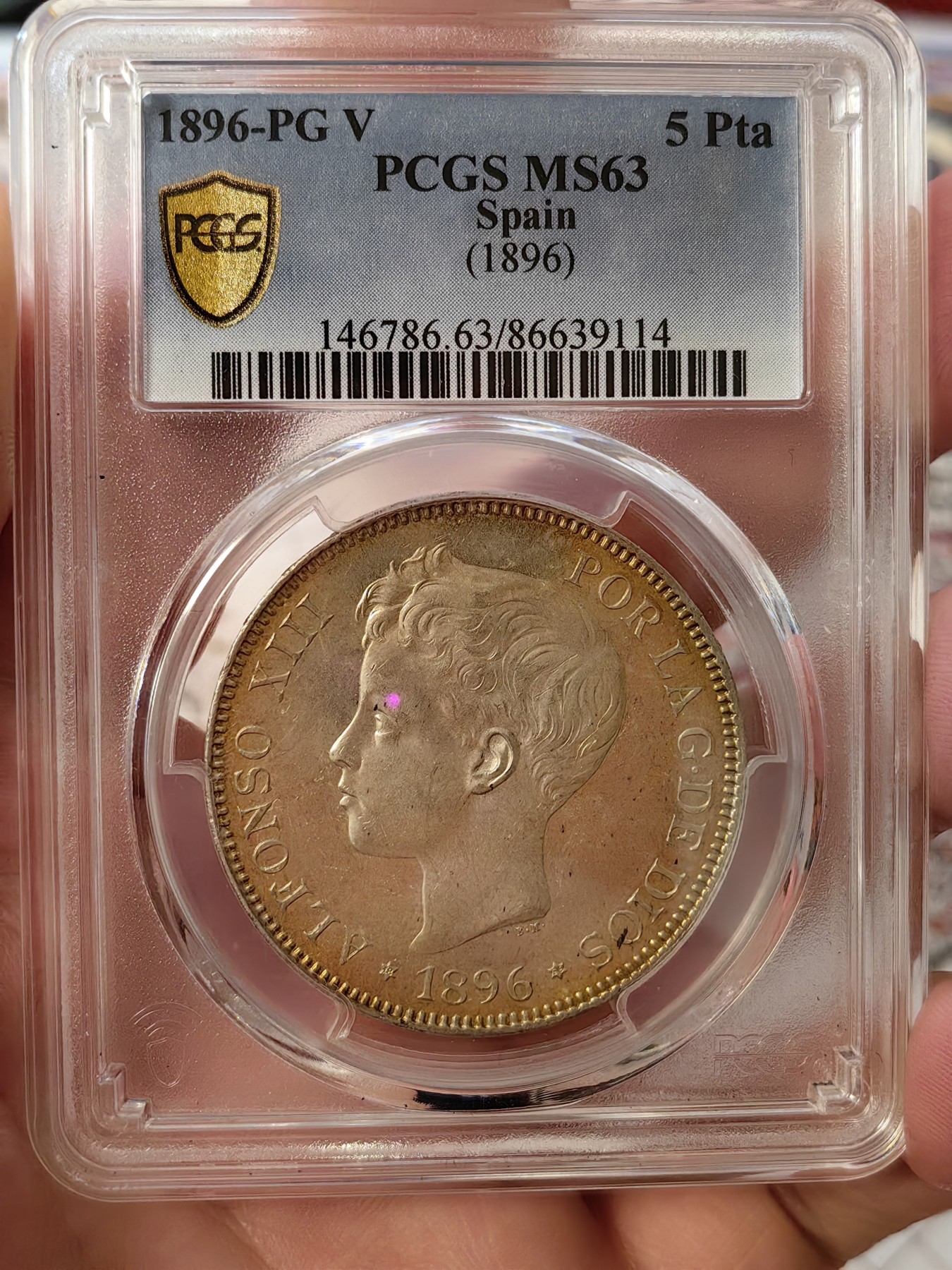 橡树集藏-006场 海纳百川 pcgs-ms63 1896年西班牙5比塞塔大银币 经典男童设计 冠军分大特年 评级量仅8枚 ms可遇不可求 双面黄油淡彩 实物pl感强烈 观感极佳
