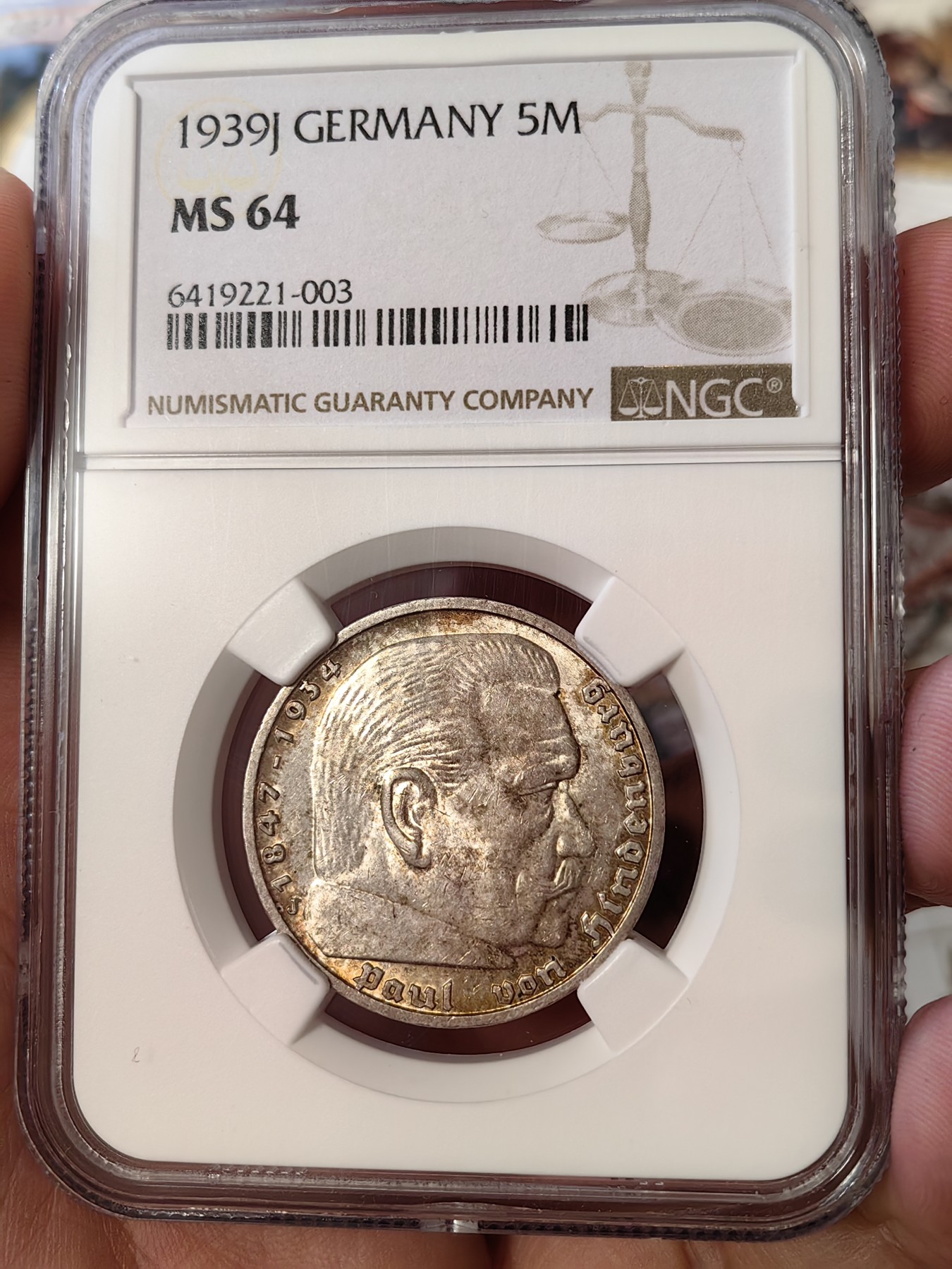 橡树集藏-006场 海纳百川 NGC-MS64 1939年 德意志第三帝国5马克 J厂 丝绸底板 超强转光 此分数为该厂别亚军分 分数状态一步到位 值得收藏