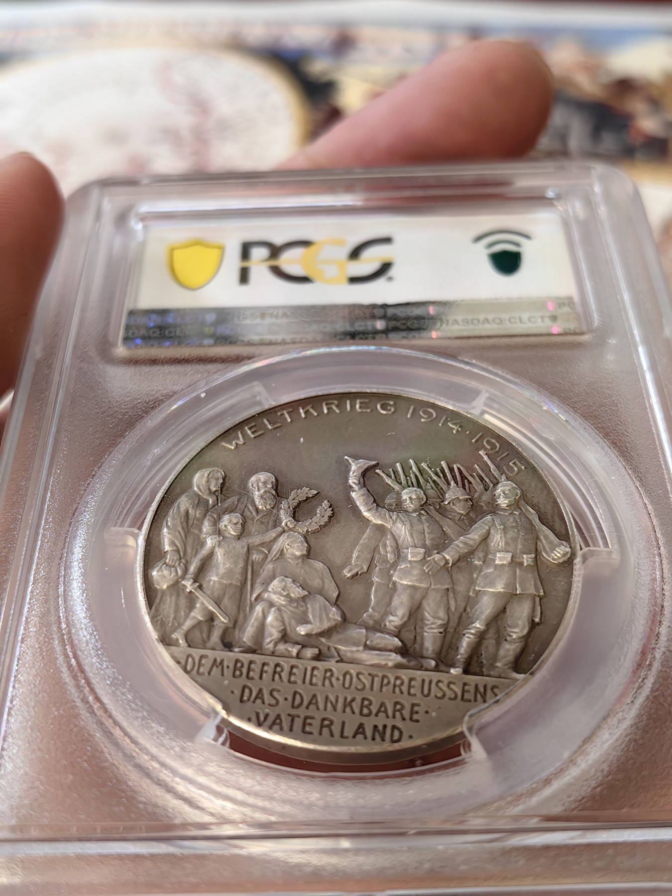 橡树集藏-006场 海纳百川 PCGS-SP62 1915年德国兴登堡元帅一战功勋银章 铭文祖国感恩东普鲁士解放者 十分经典 高浮雕加厚盒 数据库唯一冠军分 兴登堡一战系列银章的总筋