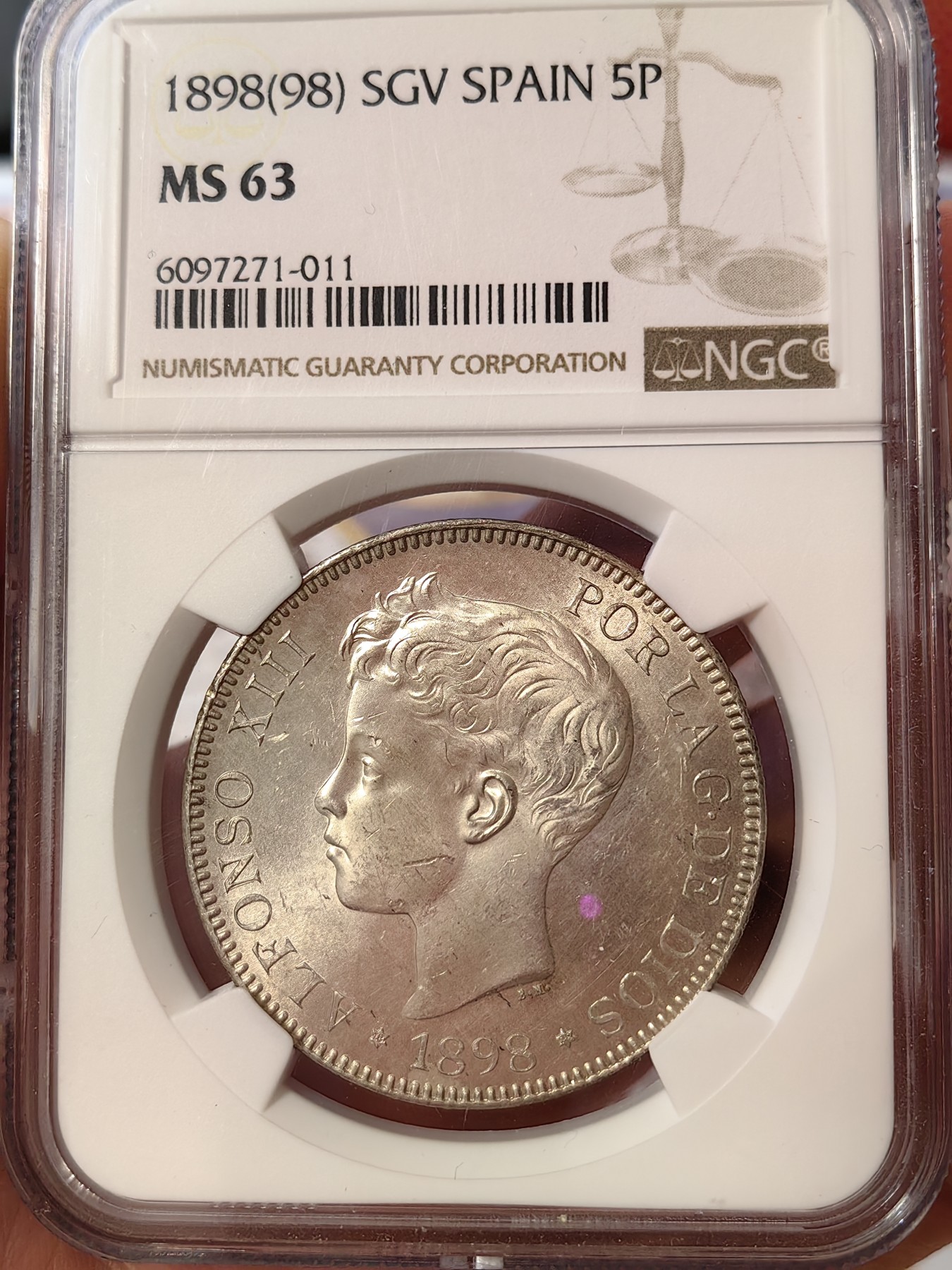 橡树集藏-006场 海纳百川 ngc-MS63 1898年西班牙5比塞塔大银币 经典的可爱男童 王冠双柱 原银强霜光 