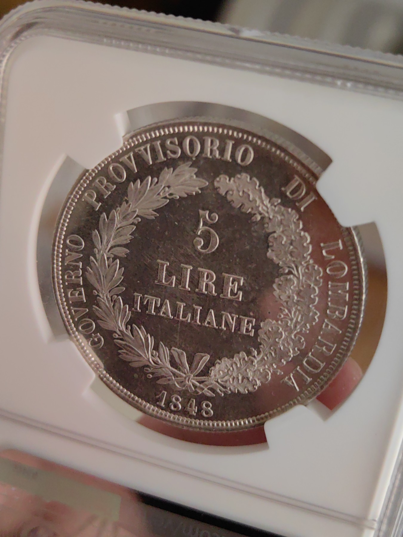 橡树集藏-006场 海纳百川 NGC-MS62pl 1848年意大利伦巴第5里拉，pcgs和ngc一共220个评级记录中唯一评到PL的一枚，唯一冠军分，可遇不可求 。实物精彩炫目，pl的魅力真是一绝。上帝呼唤自由之意大利，设计绝佳，单年版。