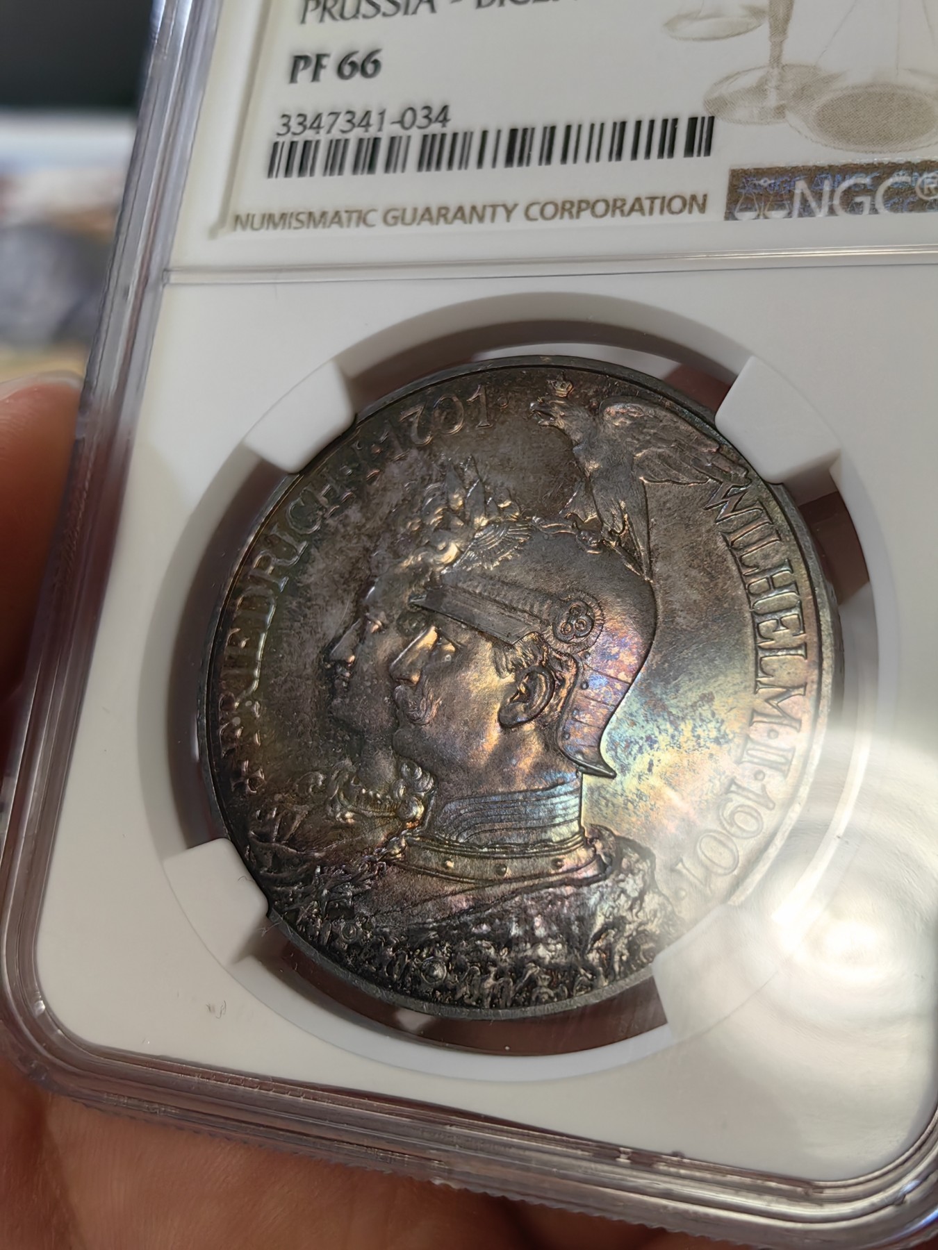 橡树集藏-006场 海纳百川 ngc-pf66 1901年普鲁士精制建国5马克，冠军分。铸造量稀少，顶级品。梦幻五彩，双面彩虹。实物美得一塌糊涂。状态为王，此枚无敌。