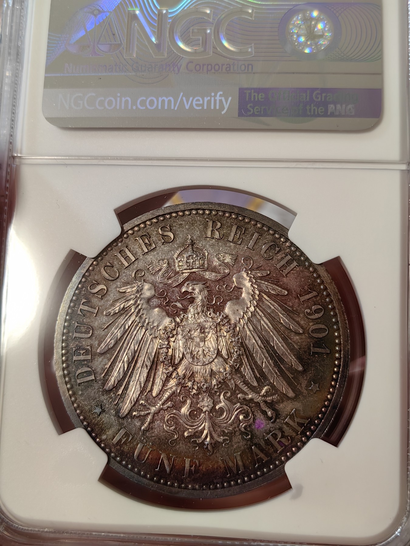 橡树集藏-006场 海纳百川 ngc-pf66 1901年普鲁士精制建国5马克，冠军分。铸造量稀少，顶级品。梦幻五彩，双面彩虹。实物美得一塌糊涂。状态为王，此枚无敌。
