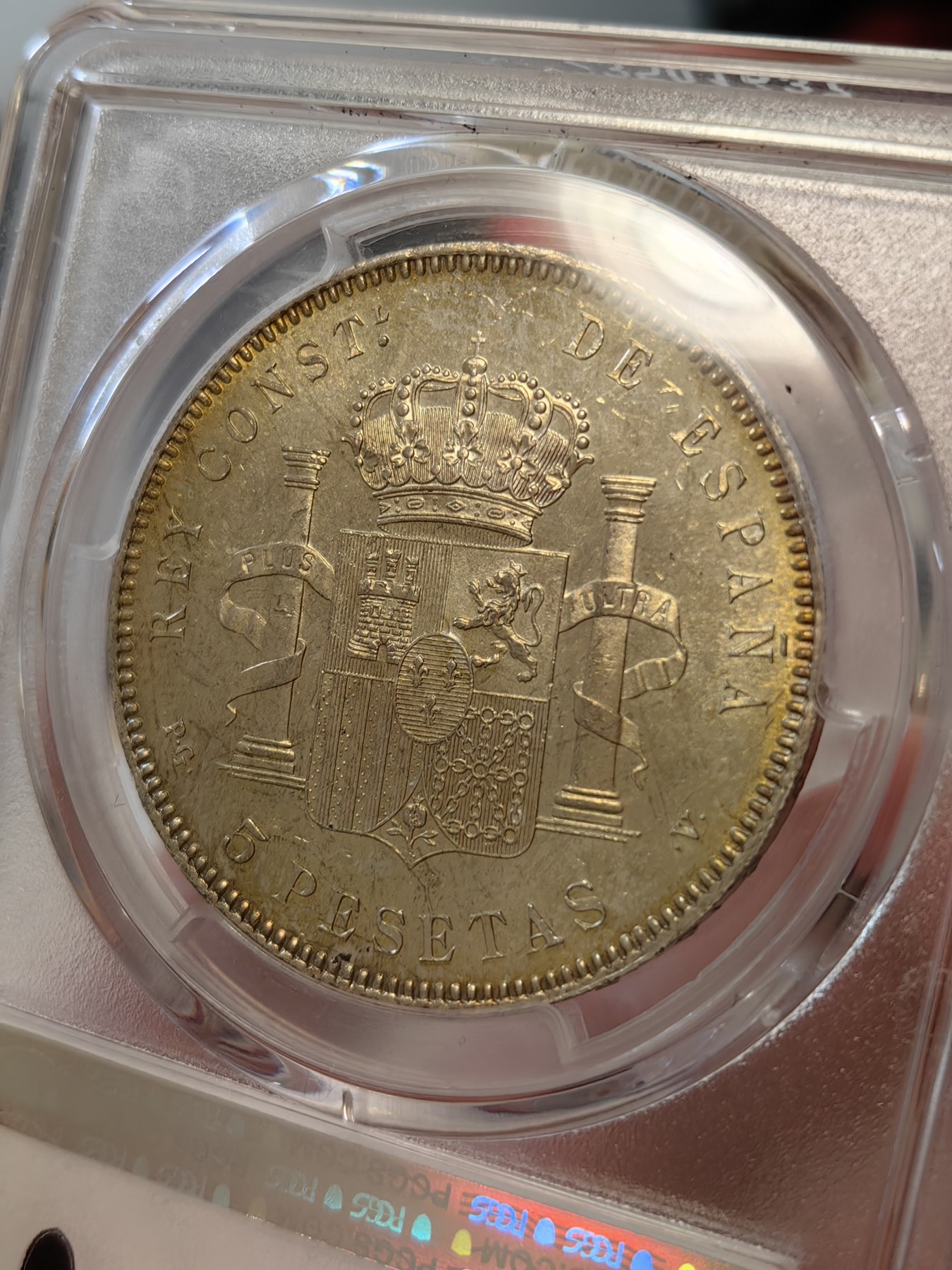 橡树集藏-006场 海纳百川 pcgs-ms63 1896年西班牙5比塞塔大银币 经典男童设计 冠军分大特年 评级量仅8枚 ms可遇不可求 双面黄油淡彩 实物pl感强烈 观感极佳