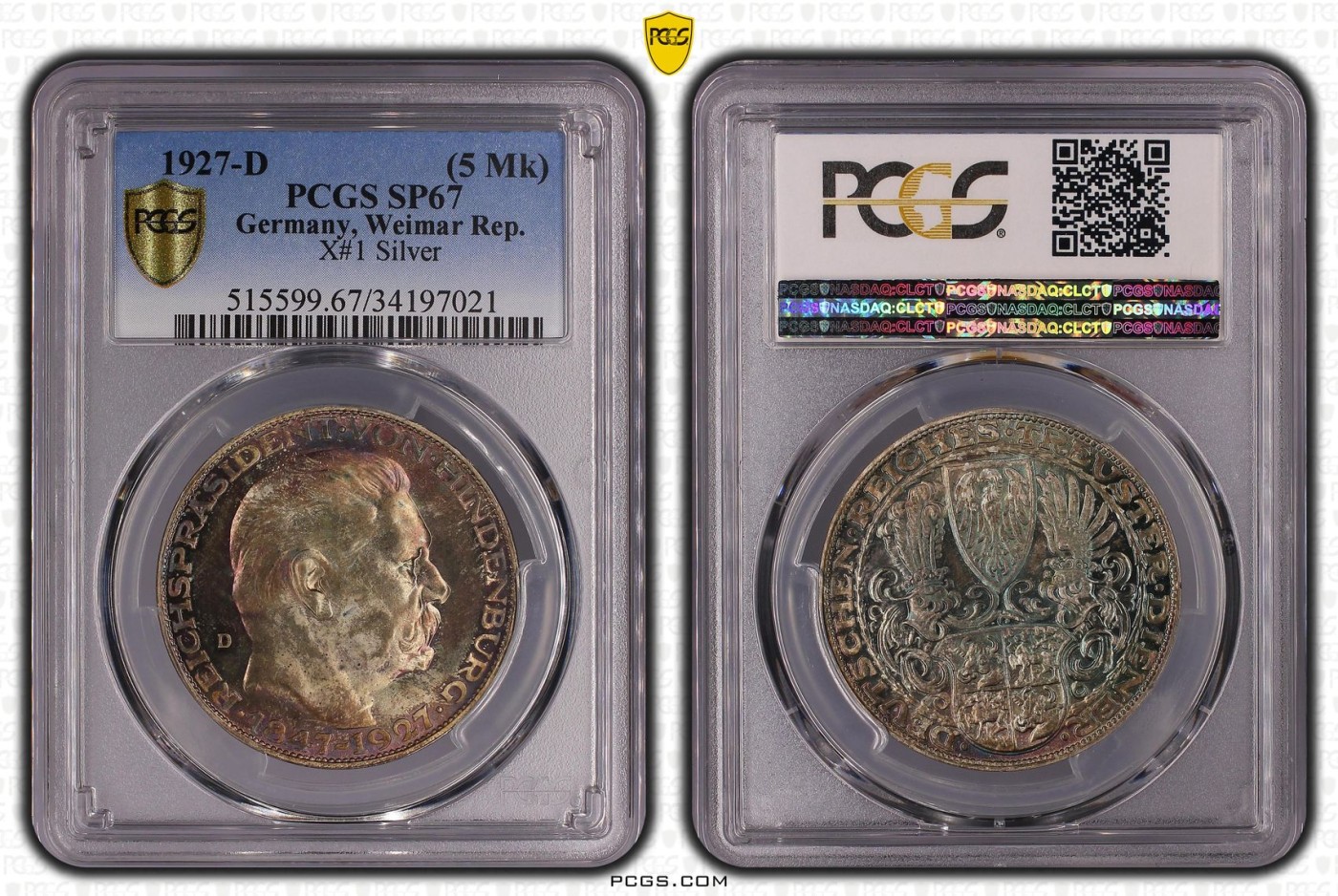 橡树集藏-006场 海纳百川 pcgs-sp67 1927年德国兴登堡银章5马克样币 顶级高分 顶级彩浆 实物绝美