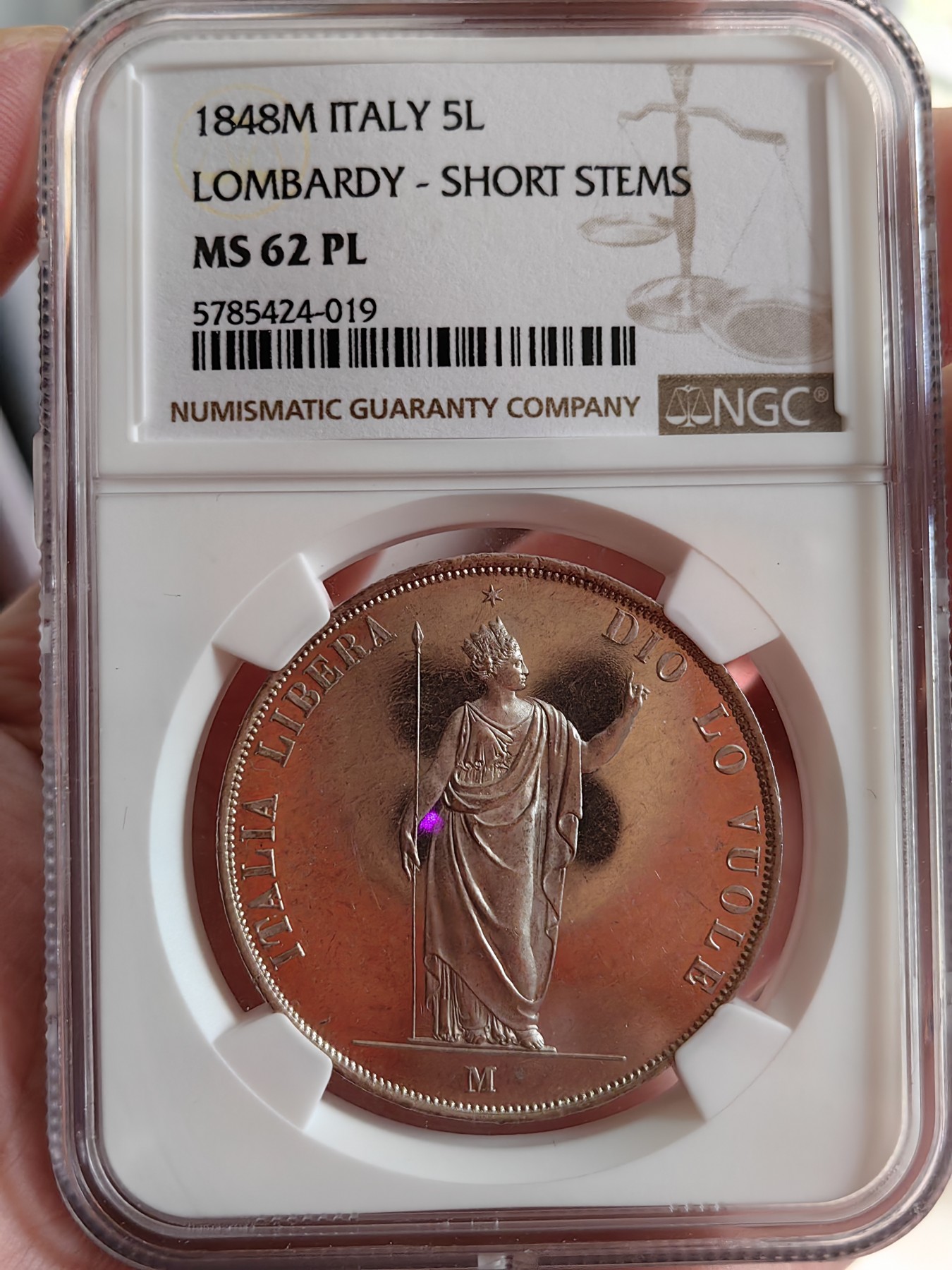橡树集藏-006场 海纳百川 NGC-MS62pl 1848年意大利伦巴第5里拉，pcgs和ngc一共220个评级记录中唯一评到PL的一枚，唯一冠军分，可遇不可求 。实物精彩炫目，pl的魅力真是一绝。上帝呼唤自由之意大利，设计绝佳，单年版。
