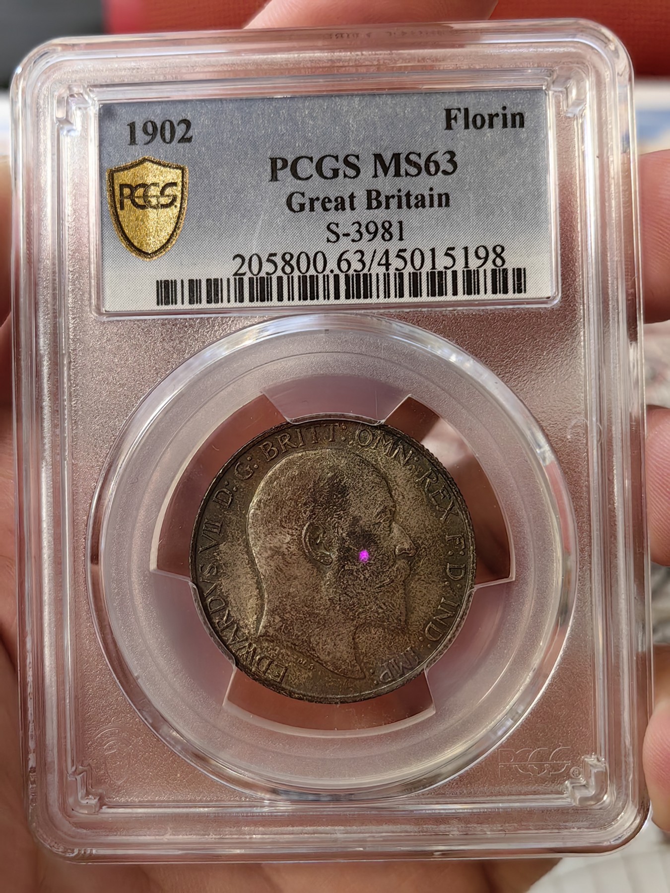橡树集藏-006场 海纳百川 PCGS-MS63 英国1902年爱德华七世 海神Florin 银币，出众的设计不列塔尼女神在海岸边迎风傲立，守护日不落帝国疆域。这枚钱币包浆醇厚，打制尚佳，值得入手。