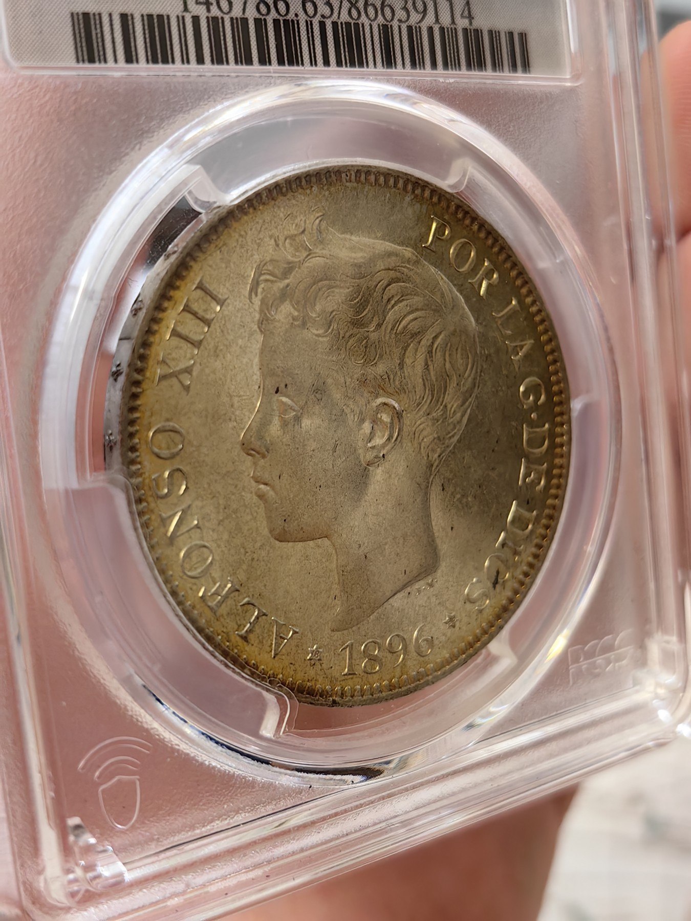 橡树集藏-006场 海纳百川 pcgs-ms63 1896年西班牙5比塞塔大银币 经典男童设计 冠军分大特年 评级量仅8枚 ms可遇不可求 双面黄油淡彩 实物pl感强烈 观感极佳
