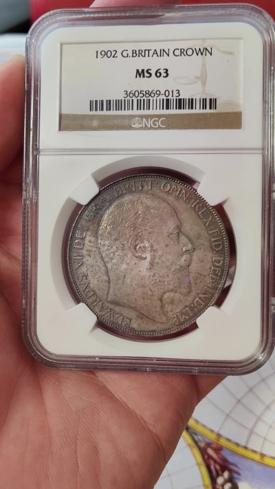 橡树集藏-006场 海纳百川 ngc-MS63 1902年爱七马剑 磨砂质老包浆，正面环彩，背面老包浆，MS63以上高分不多，品相到位的藏品