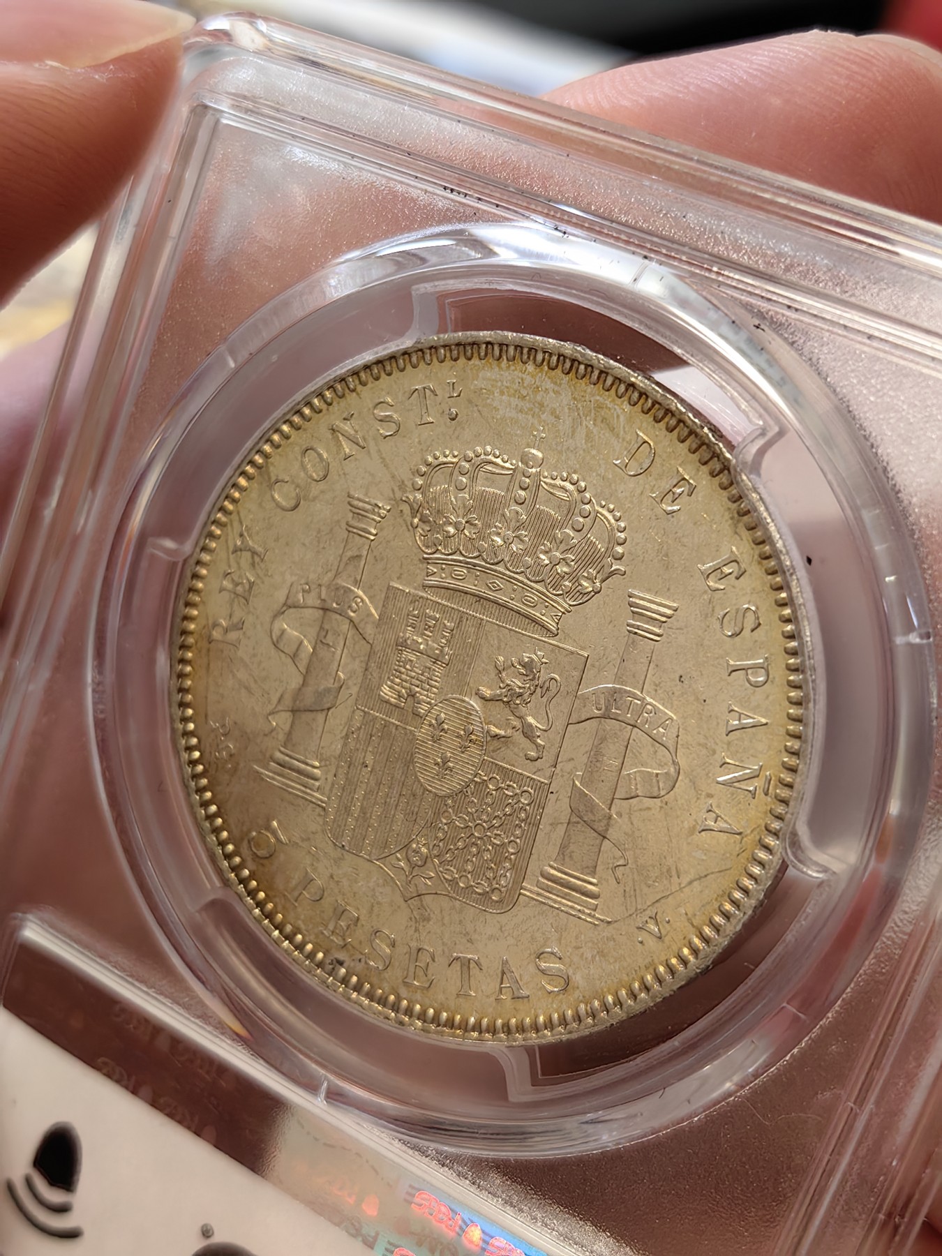 橡树集藏-006场 海纳百川 pcgs-ms63 1896年西班牙5比塞塔大银币 经典男童设计 冠军分大特年 评级量仅8枚 ms可遇不可求 双面黄油淡彩 实物pl感强烈 观感极佳