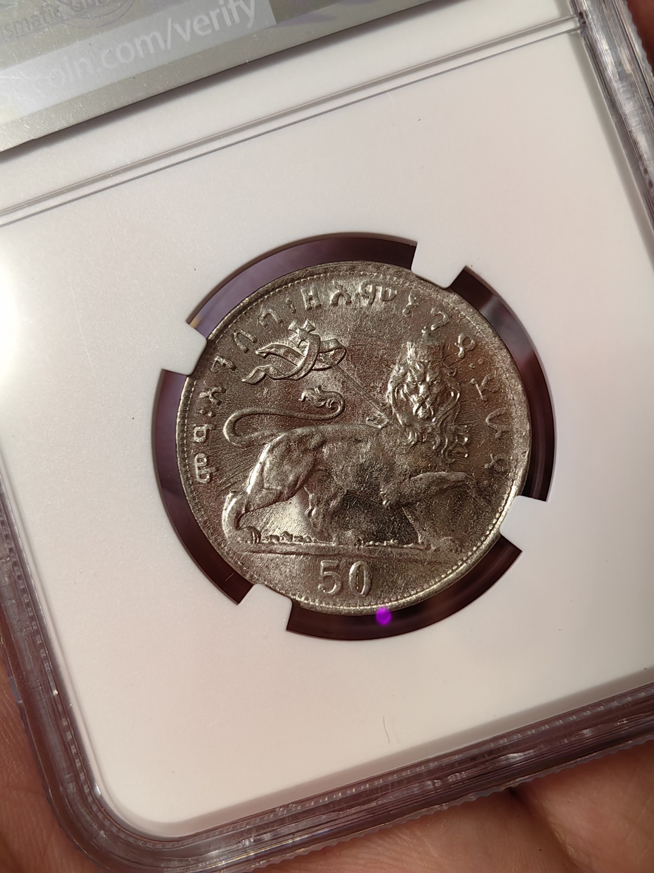 橡树集藏-006场 海纳百川 ngc-Ms64 1931年埃塞俄比亚50马托雅思 只发行了一年 高分好状态 正面是头戴王冠的大胡子非洲国王 细节极佳 背面是右扛旗雄狮 大热门银币同种设计 稀有品种 亚军分 上面只有一枚更高分