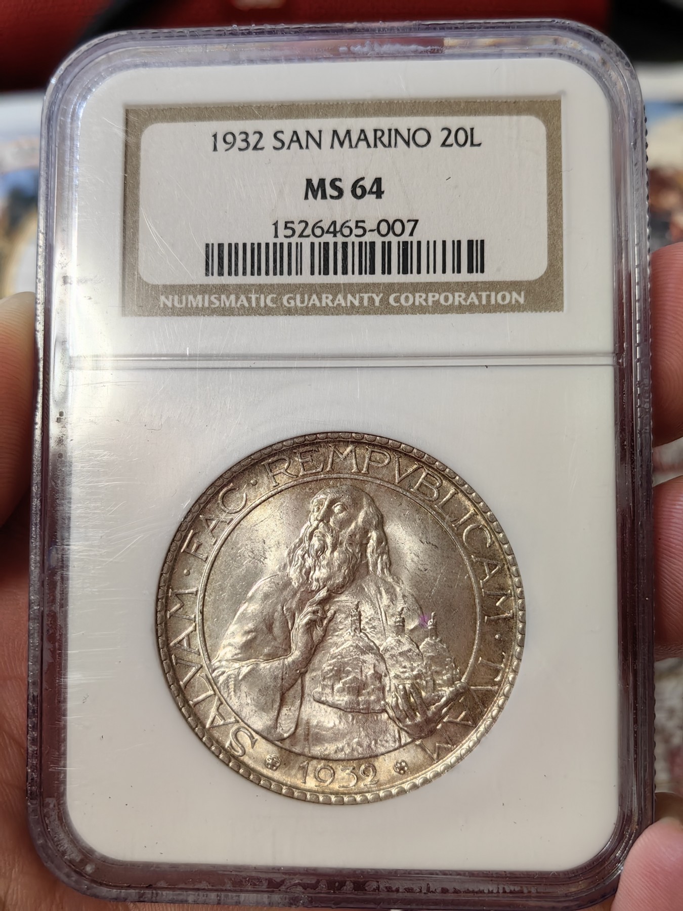 橡树集藏-006场 海纳百川 ngc-ms64 1932年圣马力诺20里拉大银币 环彩黄油包浆 双车轮顶级霜光 老盒严评品质保障 实物状态极佳