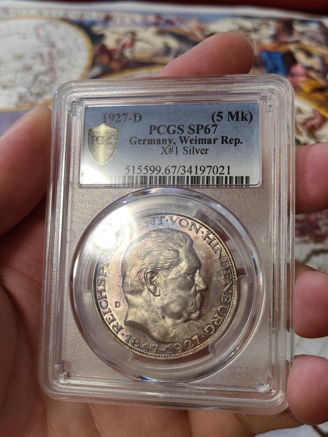 橡树集藏-006场 海纳百川 pcgs-sp67 1927年德国兴登堡银章5马克样币 顶级高分 顶级彩浆 实物绝美