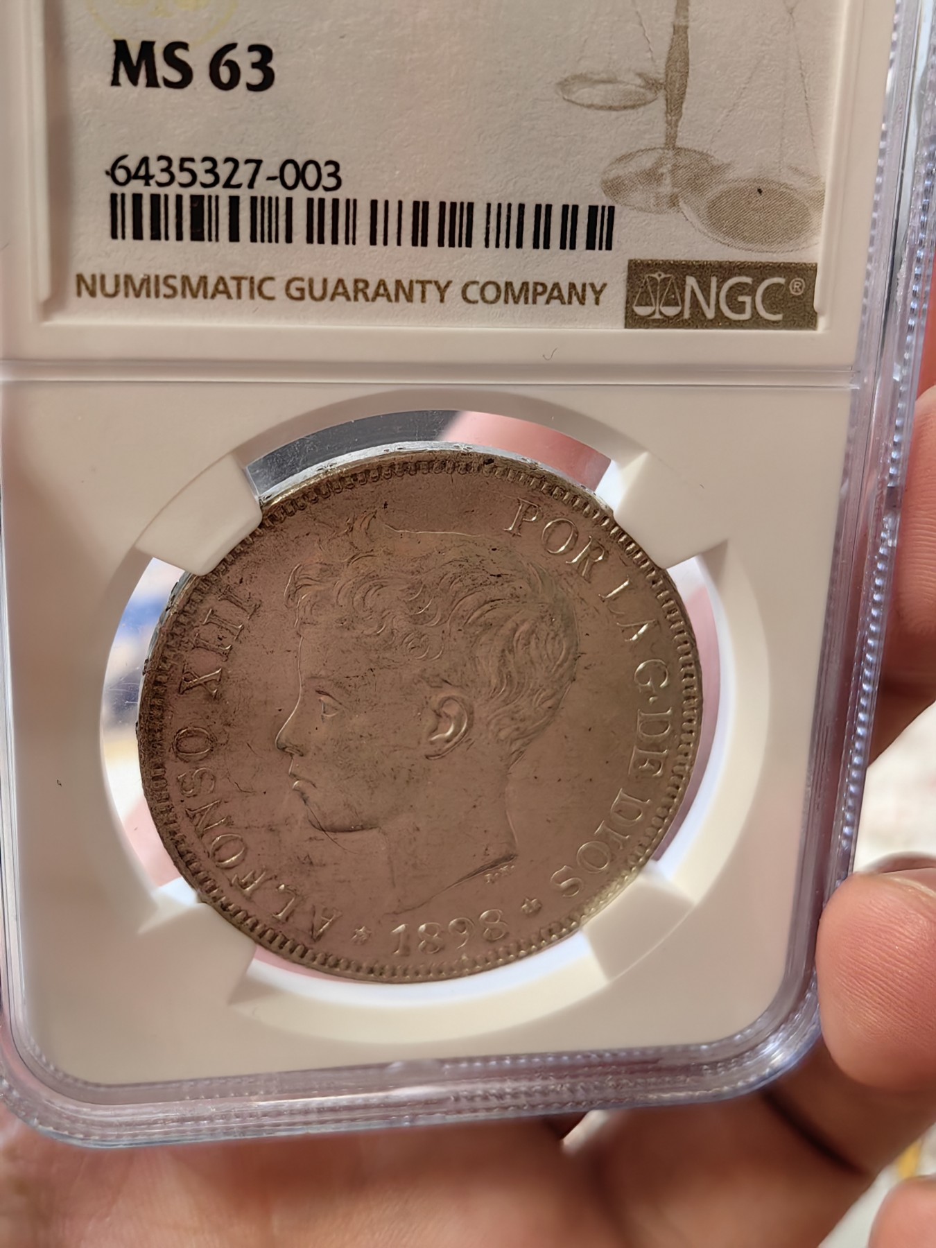 橡树集藏-006场 海纳百川 ngc-MS63 1898年西班牙5比塞塔大银币 经典的可爱男童 王冠双柱 越来越受欢迎的品种