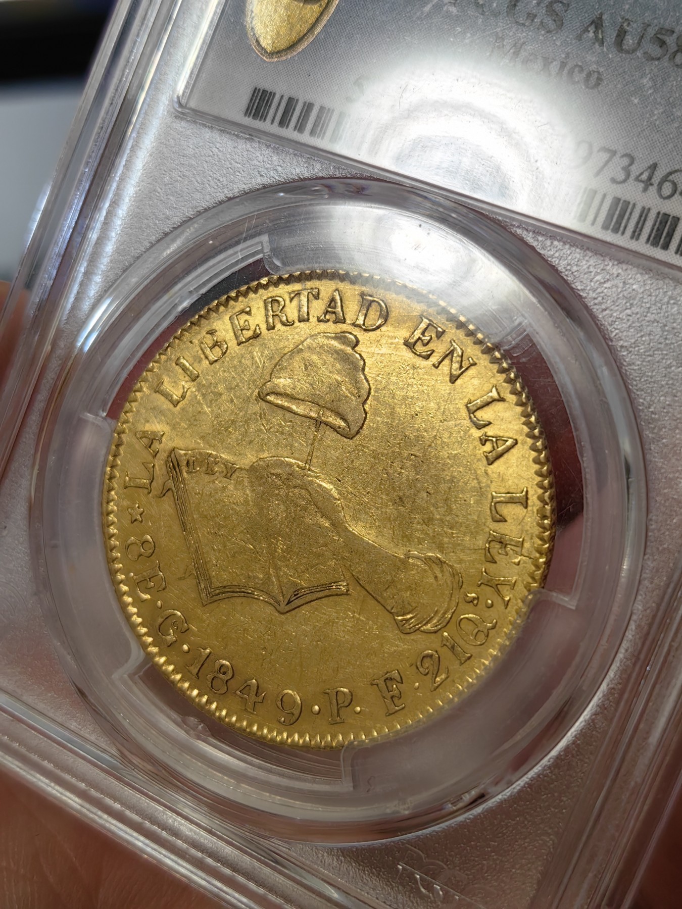 橡树集藏-006场 海纳百川 pcgs-au58 1849年墨西哥8e大金币 自由帽金鹰 老金币投资佳品