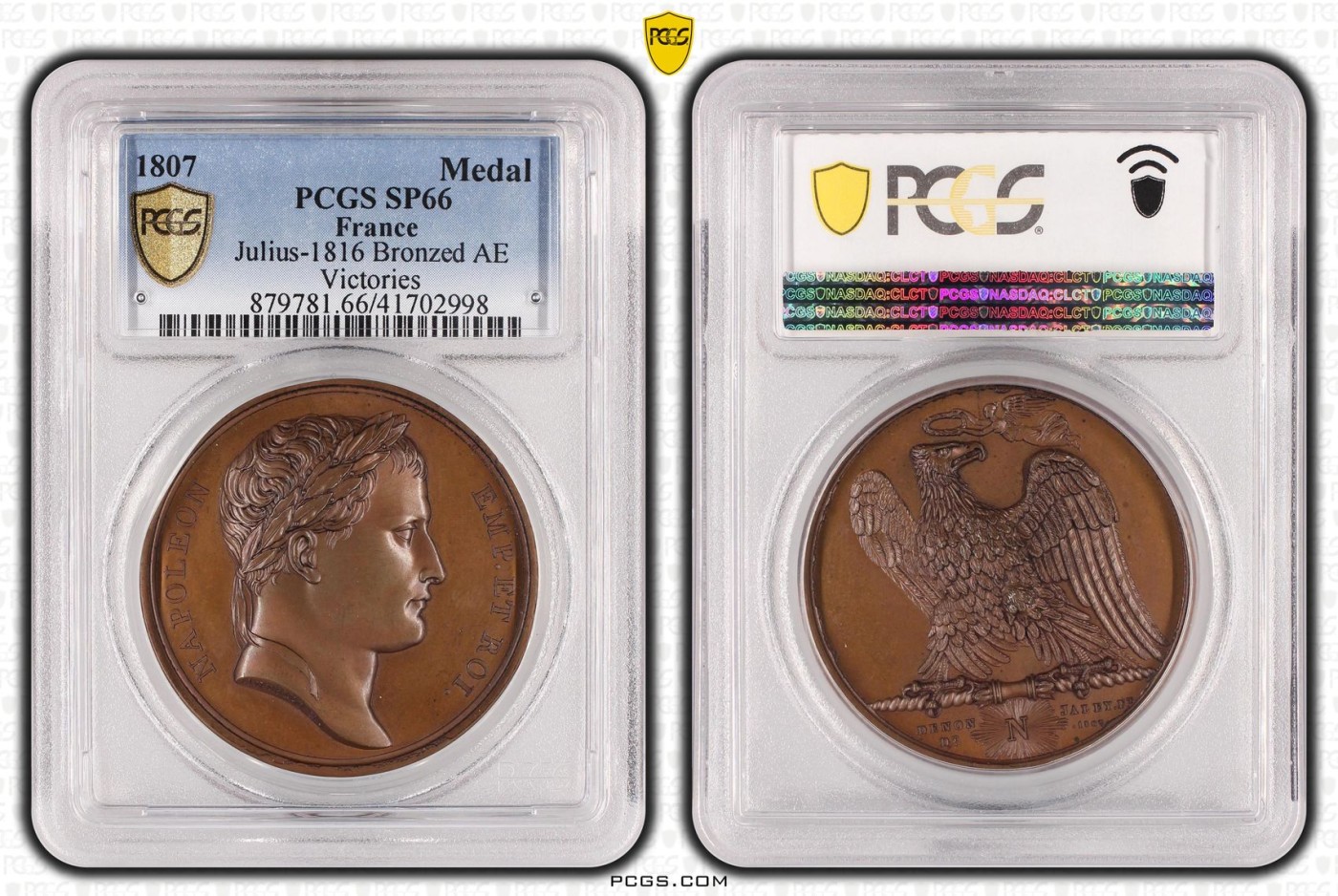 橡树集藏-006场 海纳百川 pcgs-sp66 拿破仑 1807 胜利纪念铜章，原铸，顶级五彩，背面雄鹰被冠以“胜利之冠”，肖像由ANDRLEU雕刻 ，加厚盒。