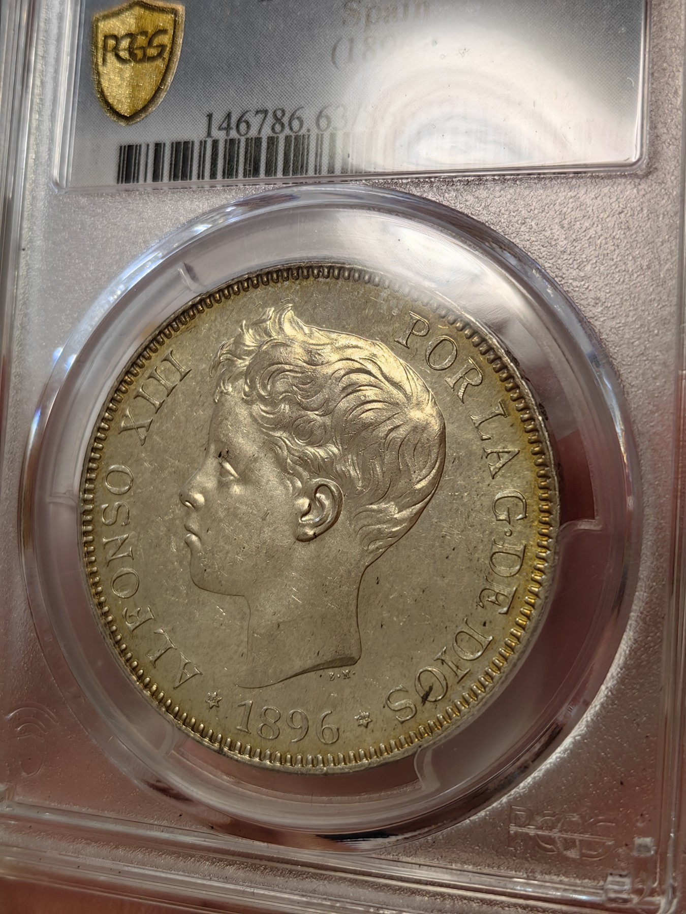 橡树集藏-006场 海纳百川 pcgs-ms63 1896年西班牙5比塞塔大银币 经典男童设计 冠军分大特年 评级量仅8枚 ms可遇不可求 双面黄油淡彩 实物pl感强烈 观感极佳