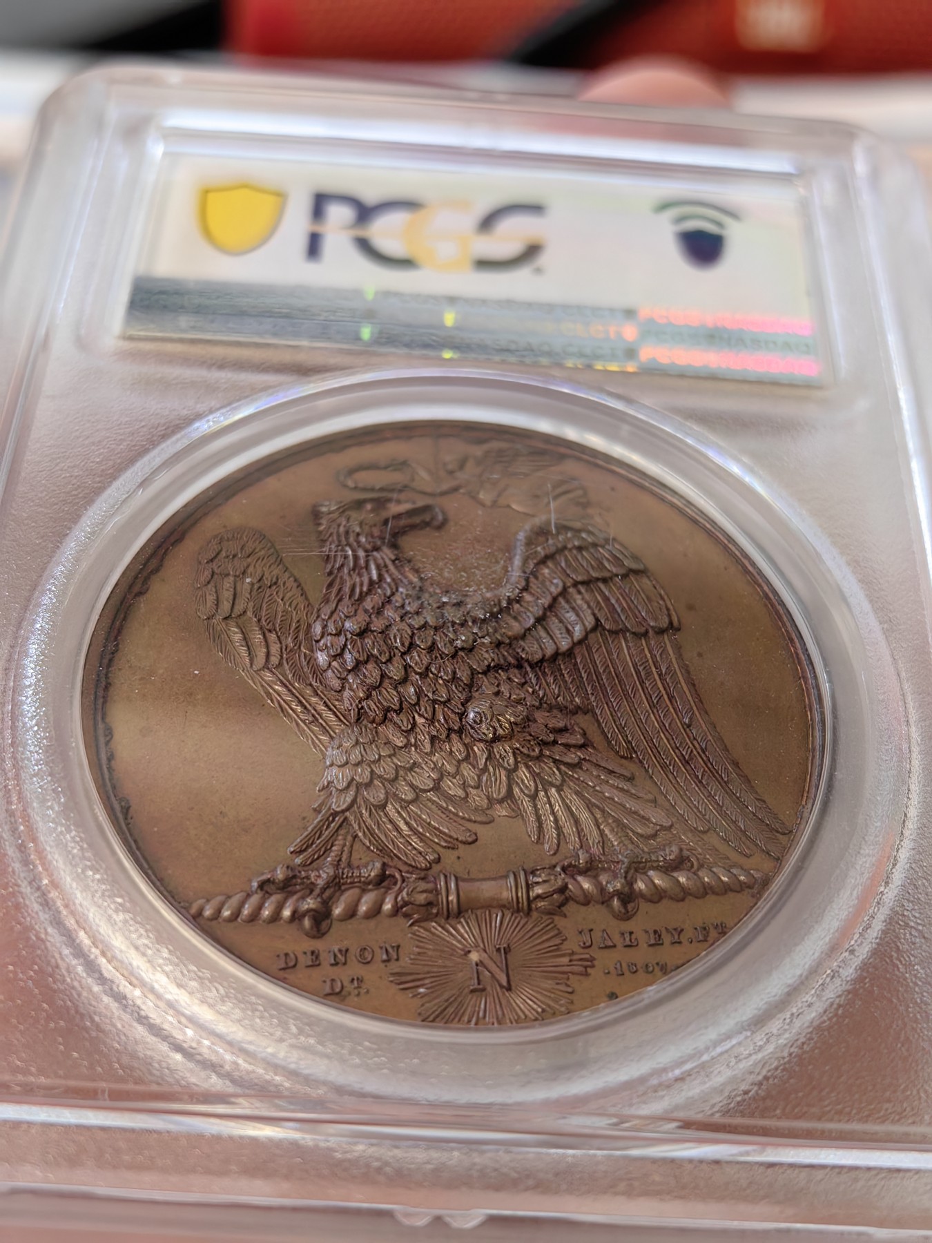 橡树集藏-006场 海纳百川 pcgs-sp66 拿破仑 1807 胜利纪念铜章，原铸，顶级五彩，背面雄鹰被冠以“胜利之冠”，肖像由ANDRLEU雕刻 ，加厚盒。