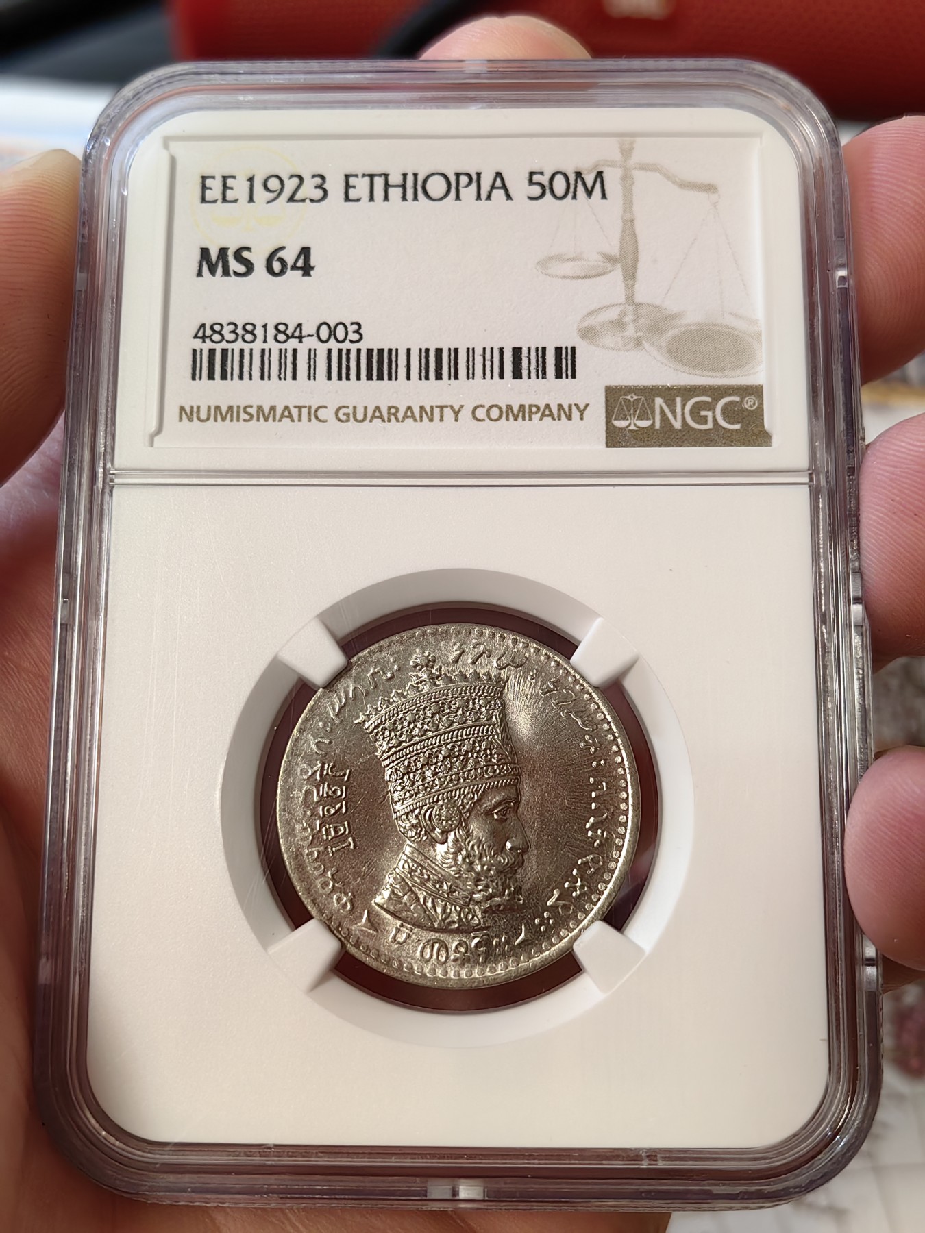 橡树集藏-006场 海纳百川 ngc-Ms64 1931年埃塞俄比亚50马托雅思 只发行了一年 高分好状态 正面是头戴王冠的大胡子非洲国王 细节极佳 背面是右扛旗雄狮 大热门银币同种设计 稀有品种 亚军分 上面只有一枚更高分