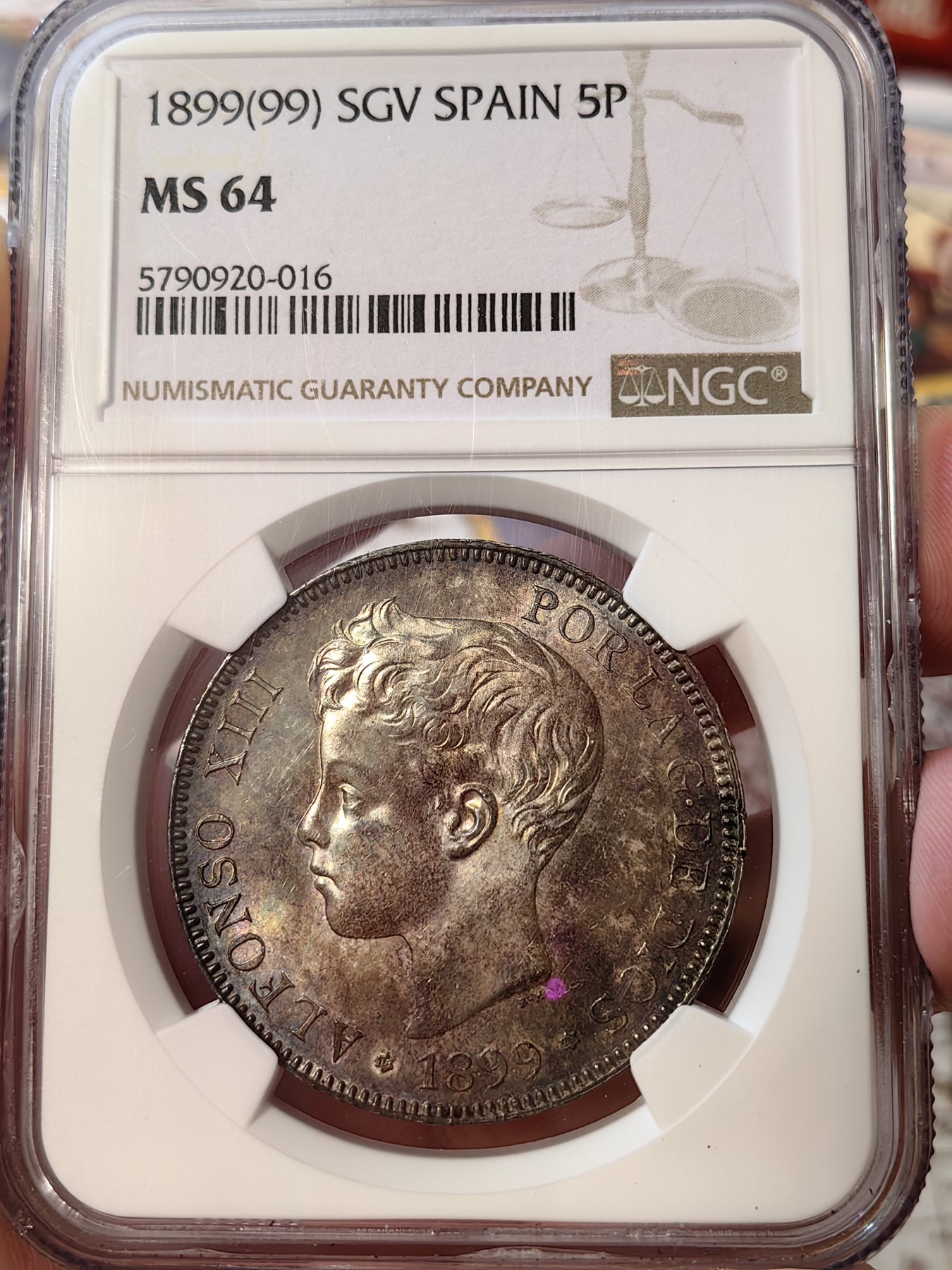 橡树集藏-006场 海纳百川 ngc-MS64 1899年 西班牙5比塞塔大银币 经典男童设计 海格力斯双柱 正面原味窖藏金彩  背面杏仁丝滑彩浆 顶级车轮光 打制优异底板佳 实物绝美