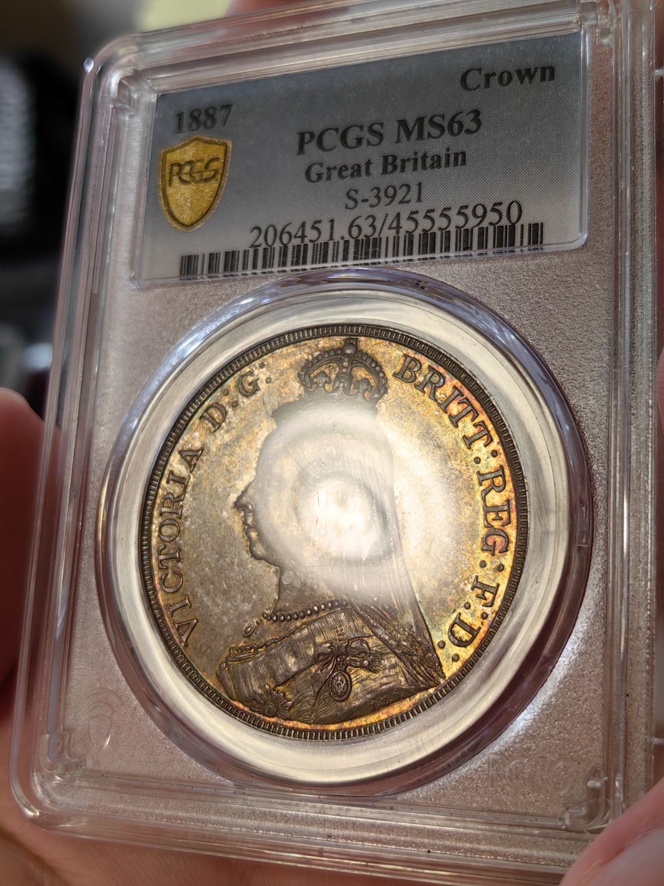 橡树集藏-006场 海纳百川 pcgs ms63 1887年英国1克朗 维多利亚马剑克朗 大热品种无需多言 此枚双面老包浆 经典锦盒彩 实物状态一流