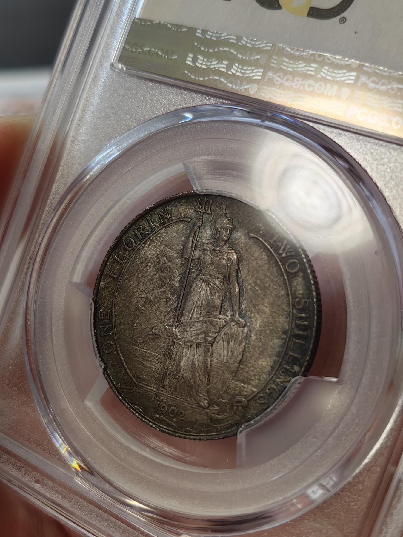 橡树集藏-006场 海纳百川 PCGS-MS63 英国1902年爱德华七世 海神Florin 银币，出众的设计不列塔尼女神在海岸边迎风傲立，守护日不落帝国疆域。这枚钱币包浆醇厚，打制尚佳，值得入手。