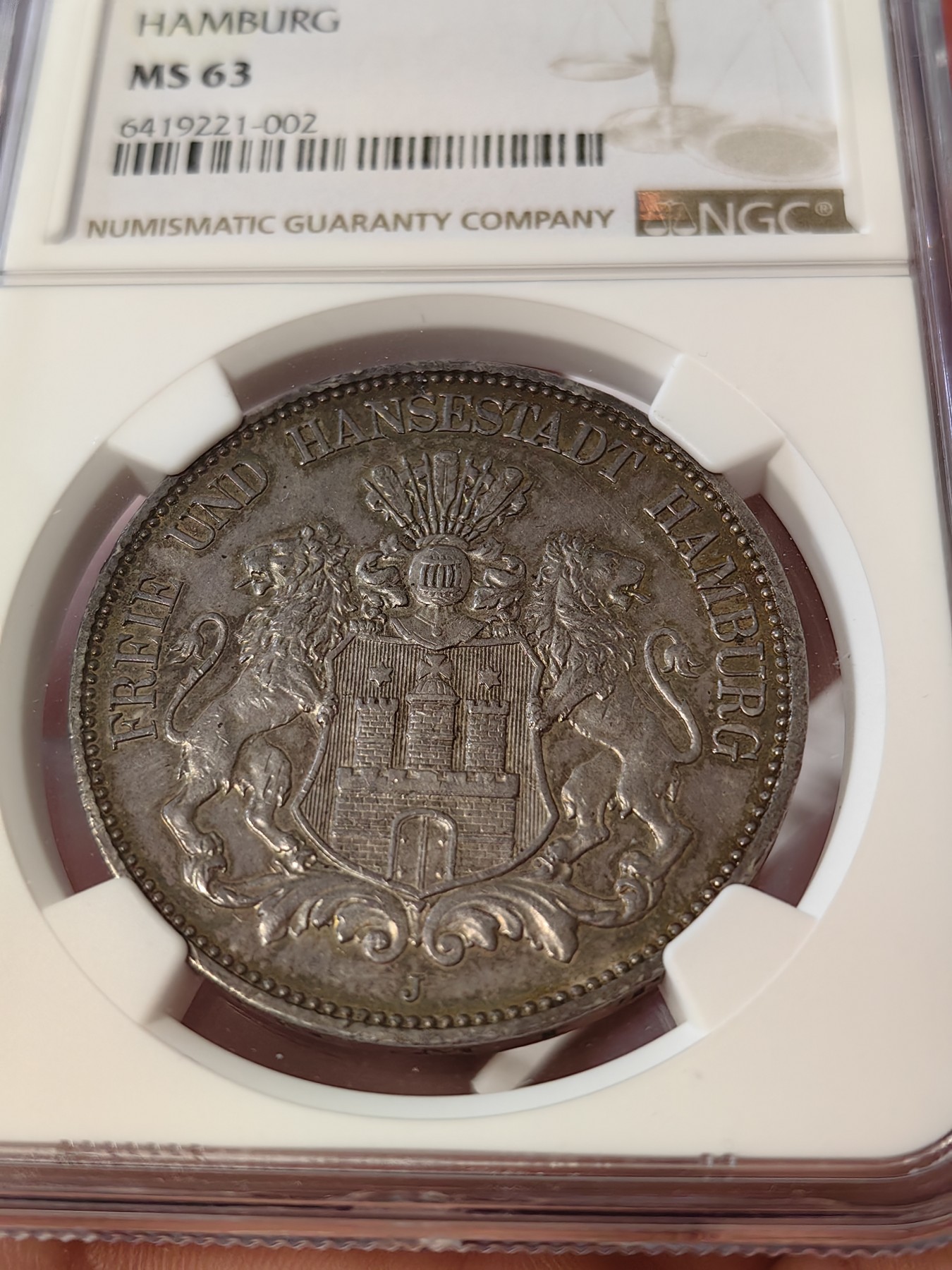 橡树集藏-006场 海纳百川 NGC-MS63 1913年 德国汉堡双狮5马克 温润五彩包浆 沁人心脾 超强底板 严评 入手典藏佳品 