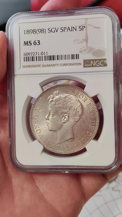橡树集藏-006场 海纳百川 ngc-MS63 1898年西班牙5比塞塔大银币 经典的可爱男童 王冠双柱 原银强霜光 