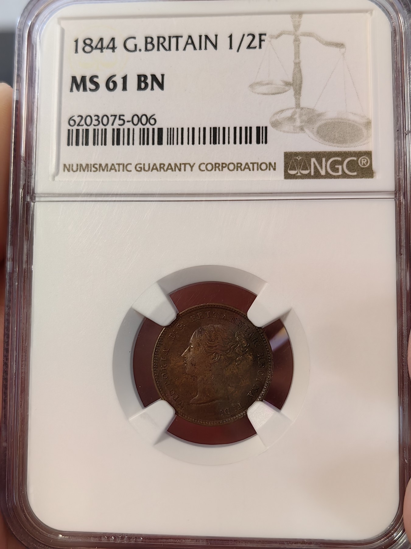 橡树集藏-006场 海纳百川 NGC-MS61 英国1844年1/2法新，整体包浆均匀，底板仍有车轮转光，观感好，一枚不错的英系辅币