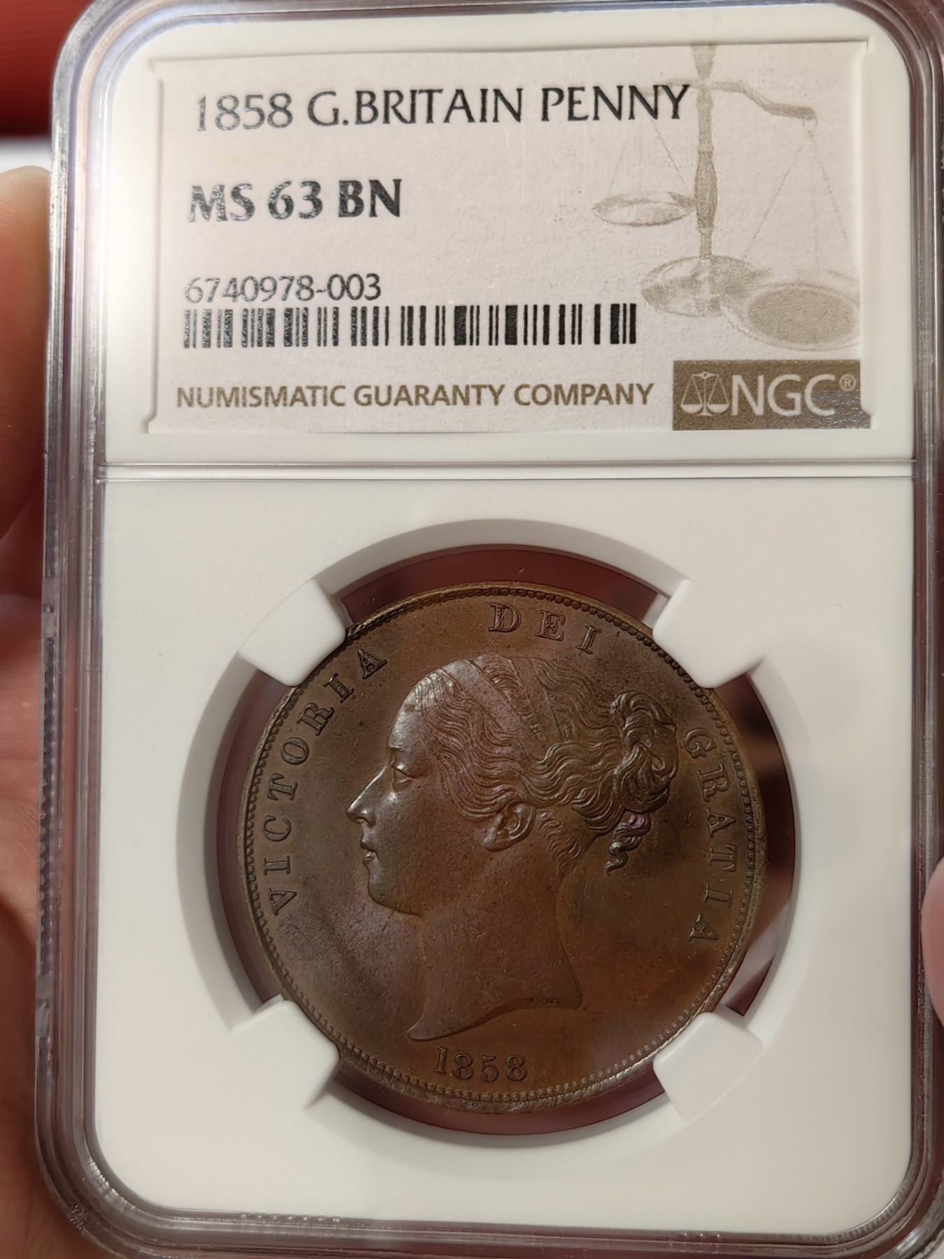 橡树集藏-006场 海纳百川 NGC-MS63BN 英国1858年维多利亚1便士大铜币 完全氧化深色巧克力状态 适合新晋藏家