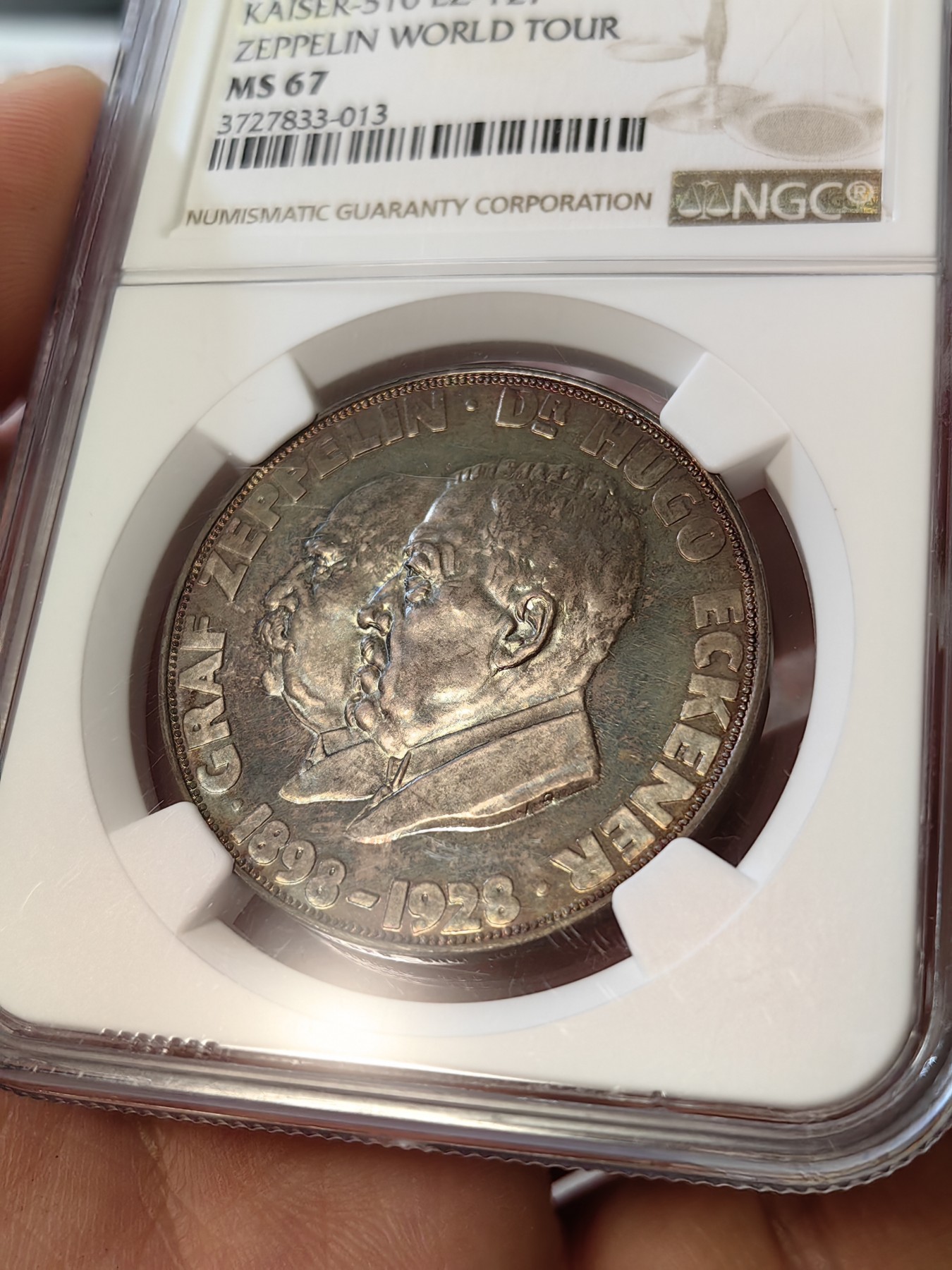 橡树集藏-006场 海纳百川 NGC-ms67 1929 齐柏林飞艇环游世界纪念银章，超顶级高分，镜面五彩。